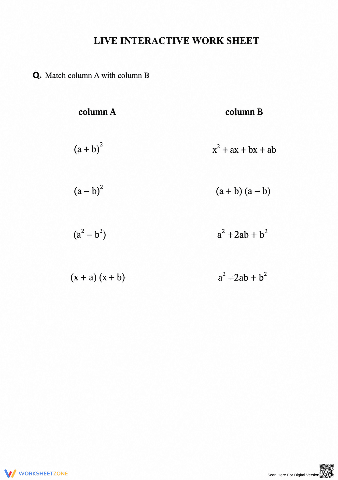 Grade 8 Algebraic Identities — Printable No-Prep Worksheet - Page 1
