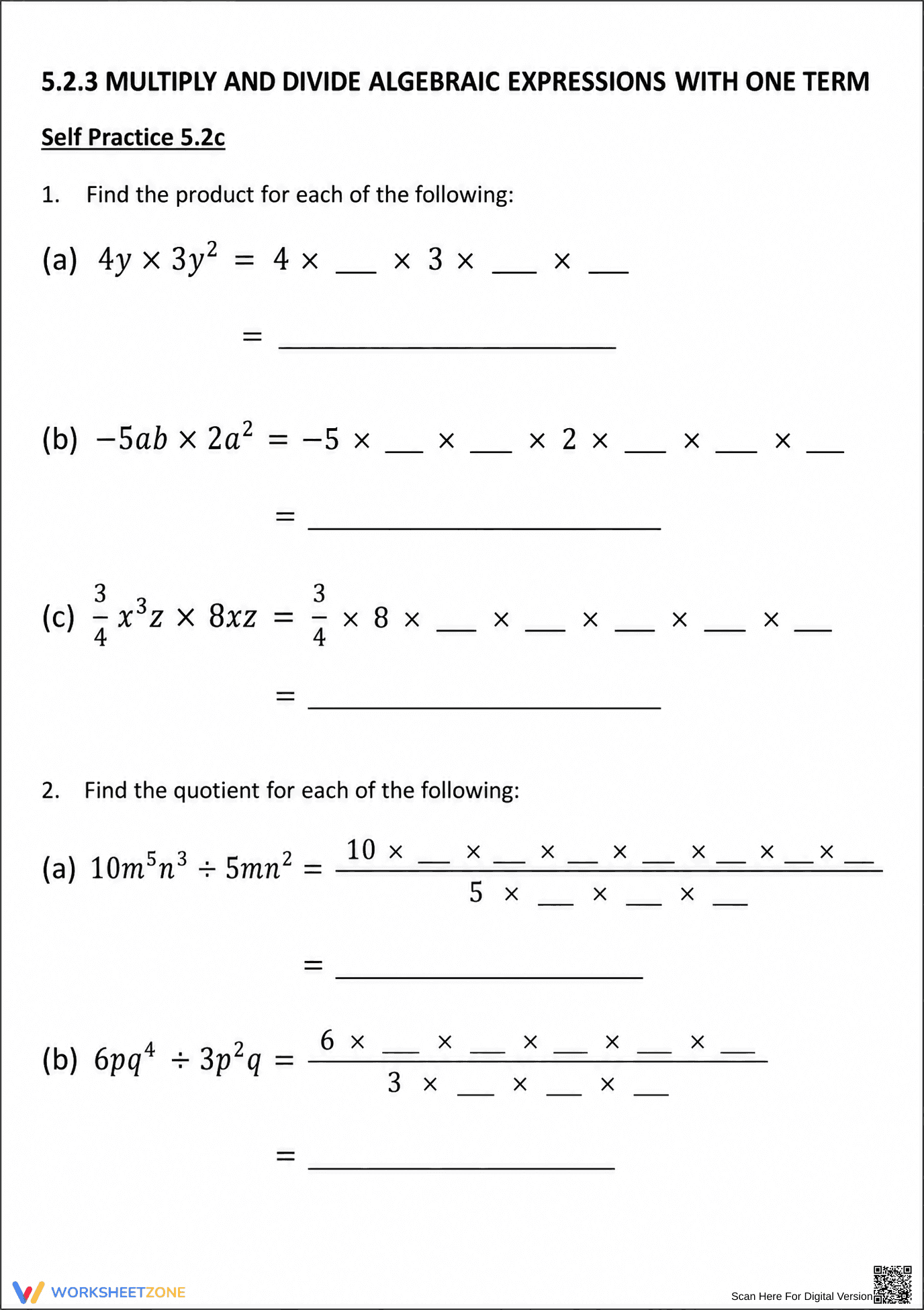 Multiplying Monomials Worksheet | Grade 7 Math Printable - Page 1