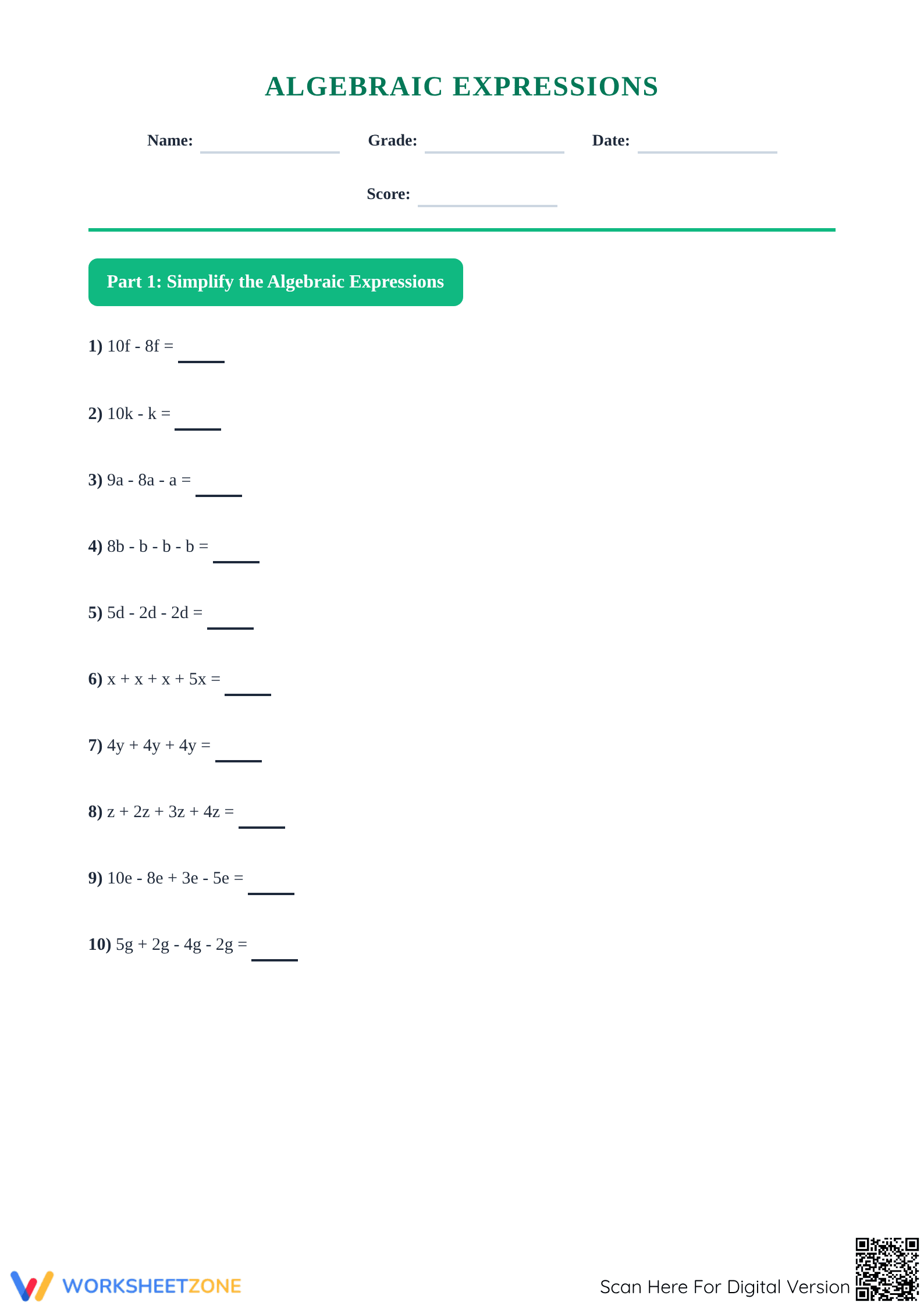 Algebraic Expressions Worksheet | Grade 6-7 Printable - Page 1