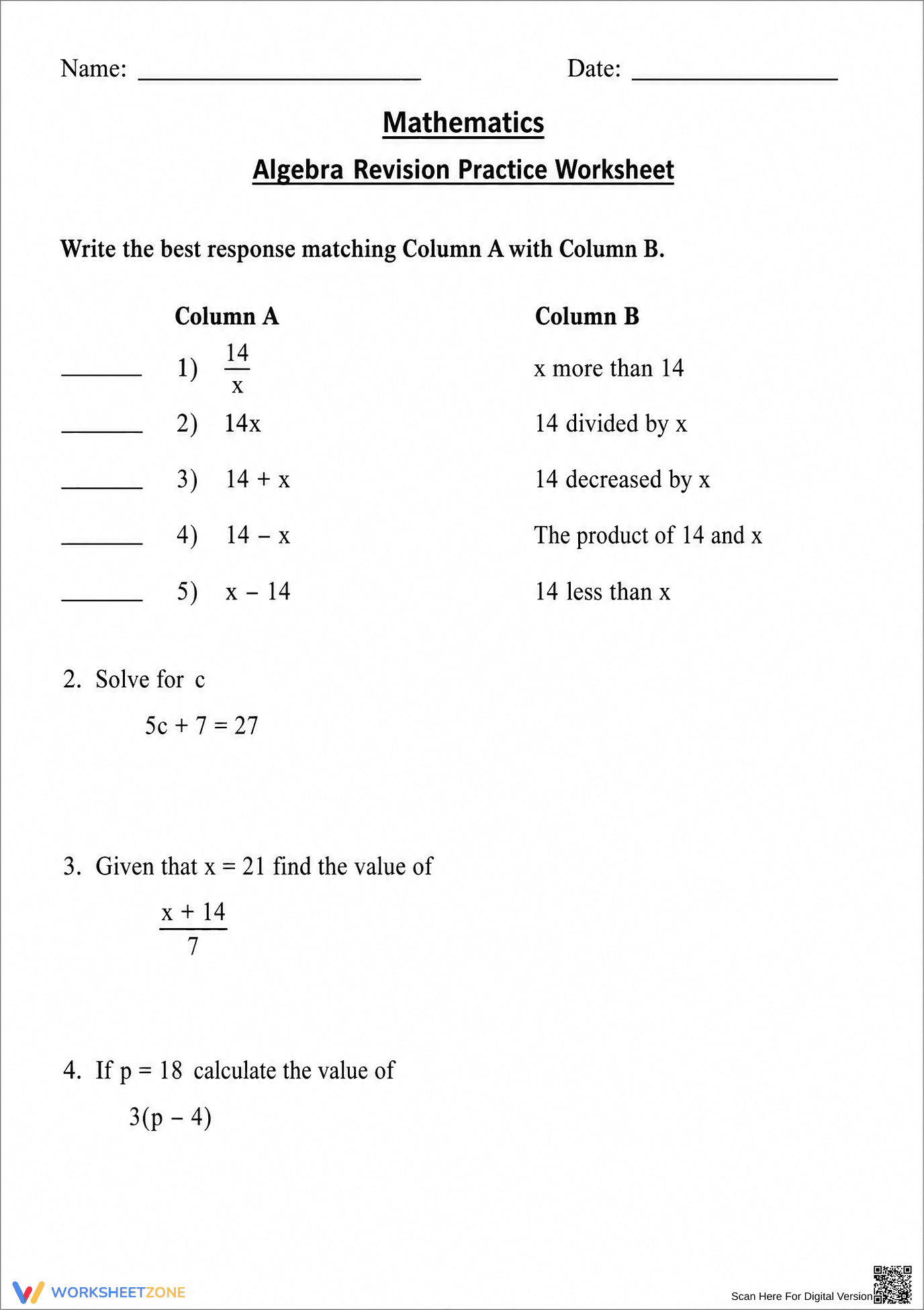 Essential Algebra Revision Worksheet | Grade 10-12 - Page 1