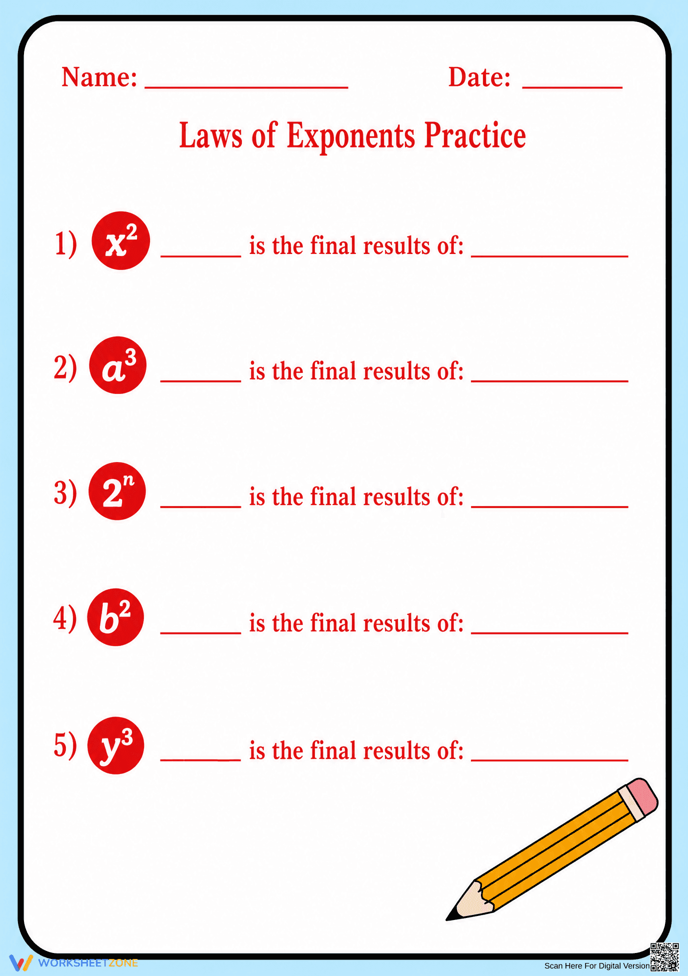 Grade 8 Laws of Exponents — Printable No-Prep Worksheet - Page 1
