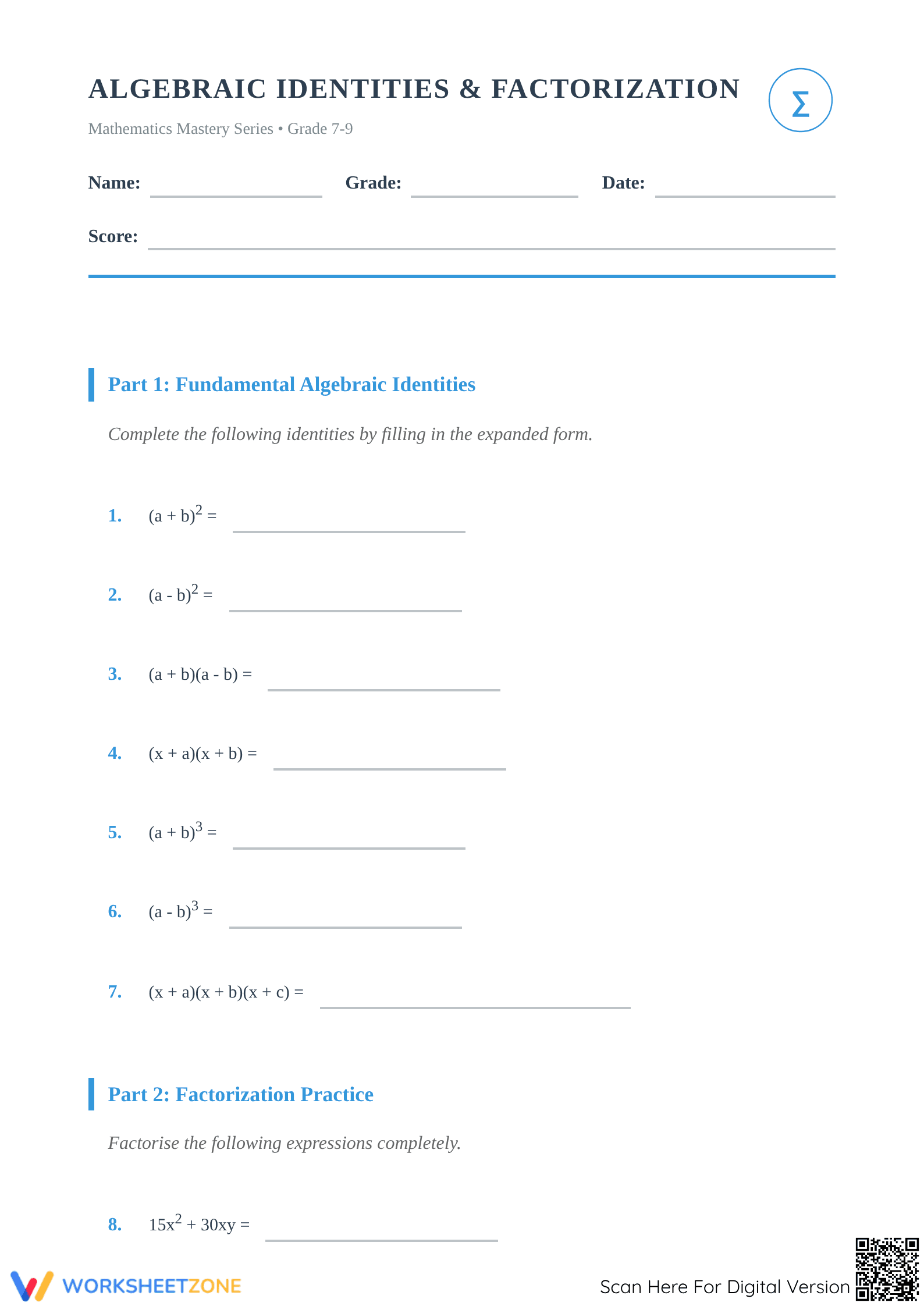 Essential Algebra: Identities & Factorization Worksheet - Page 1