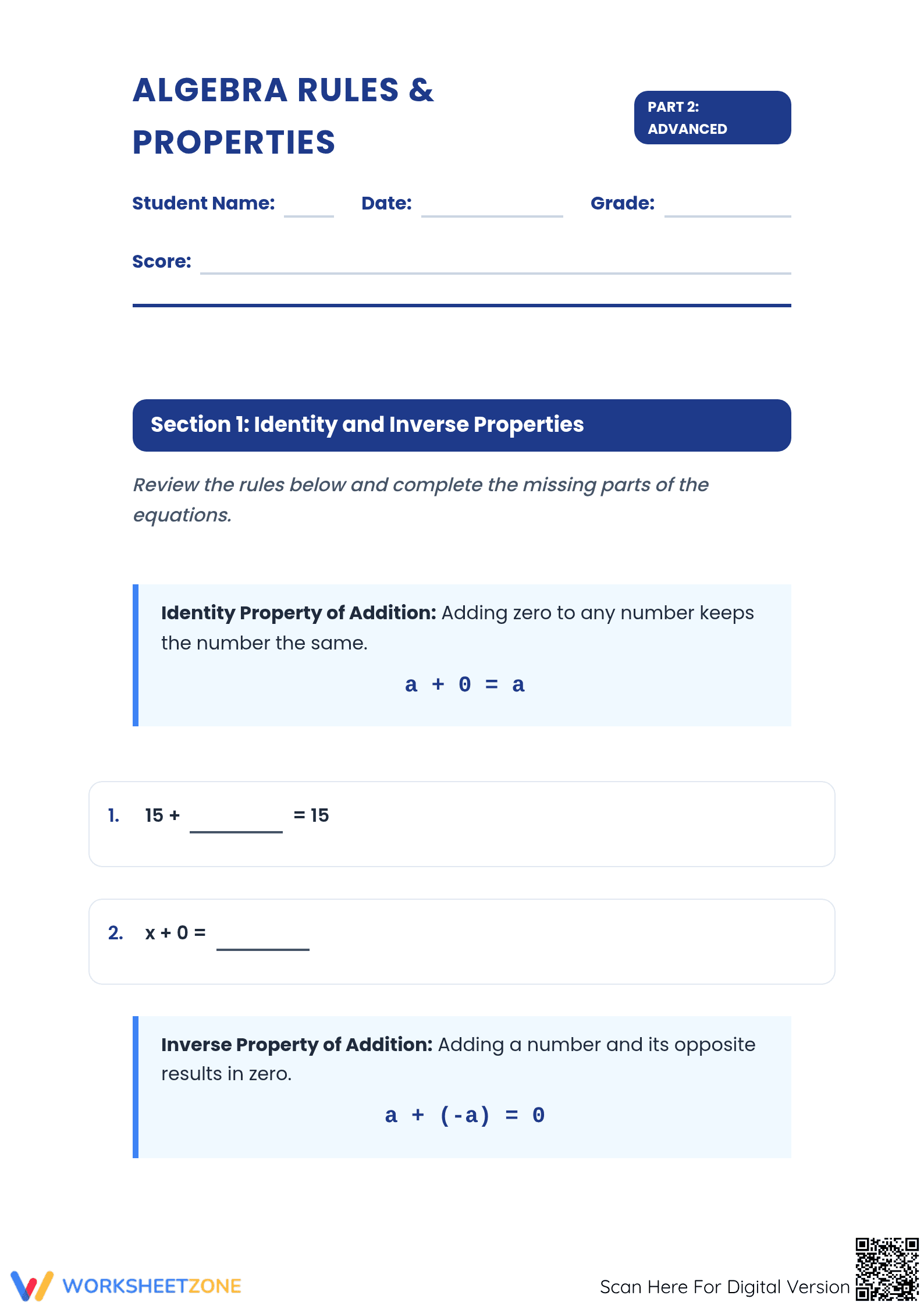 Essential Algebra Rules & Properties Worksheet | Grades 5-7 - Page 1