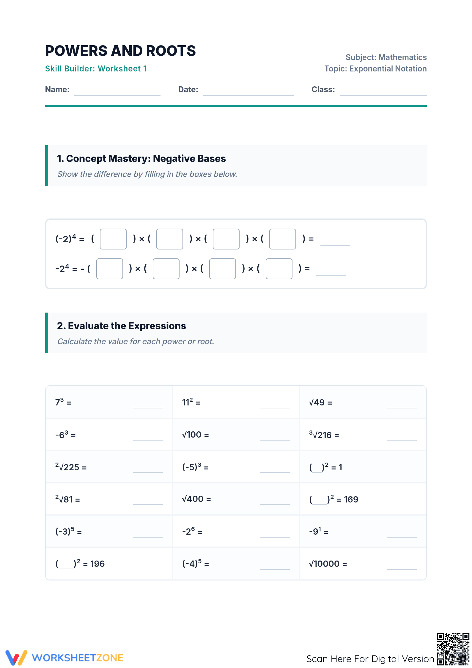 Printable Powers and Roots Worksheet | Essential Algebra - Page 1