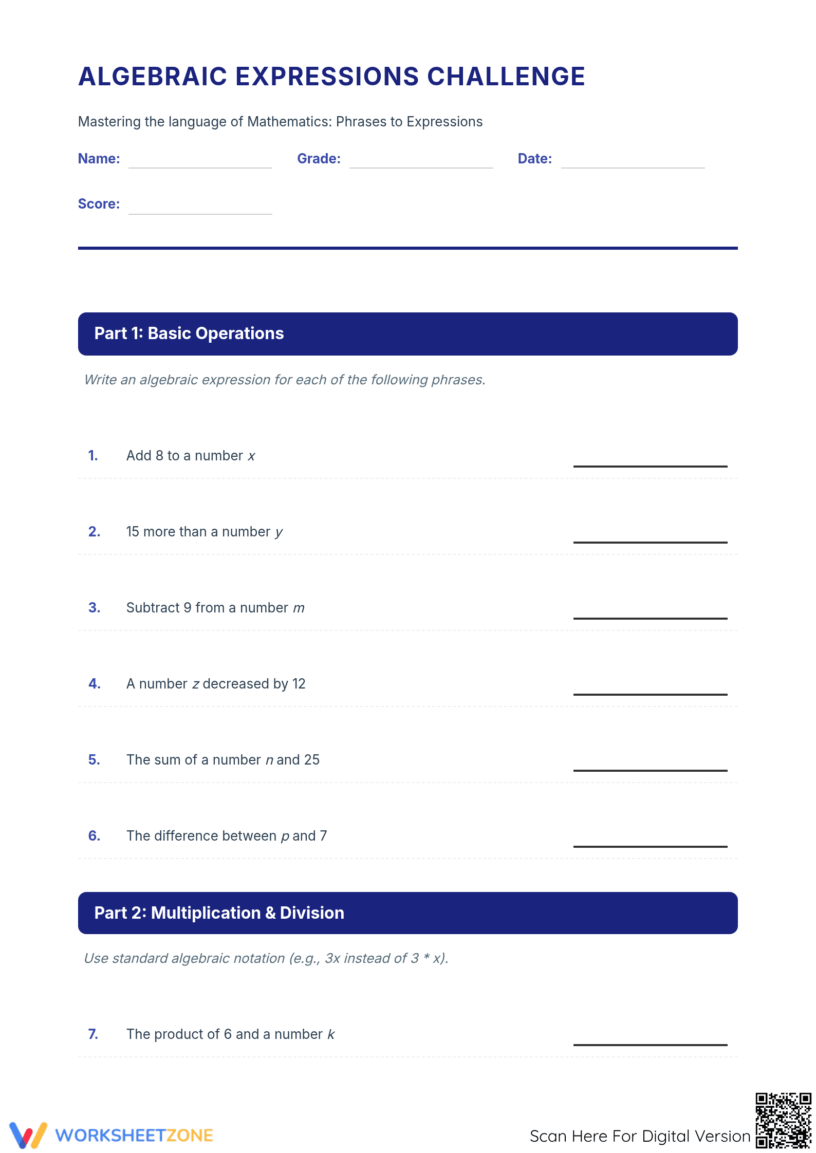 Printable Algebra Word Problems to Expressions Worksheet - Page 1