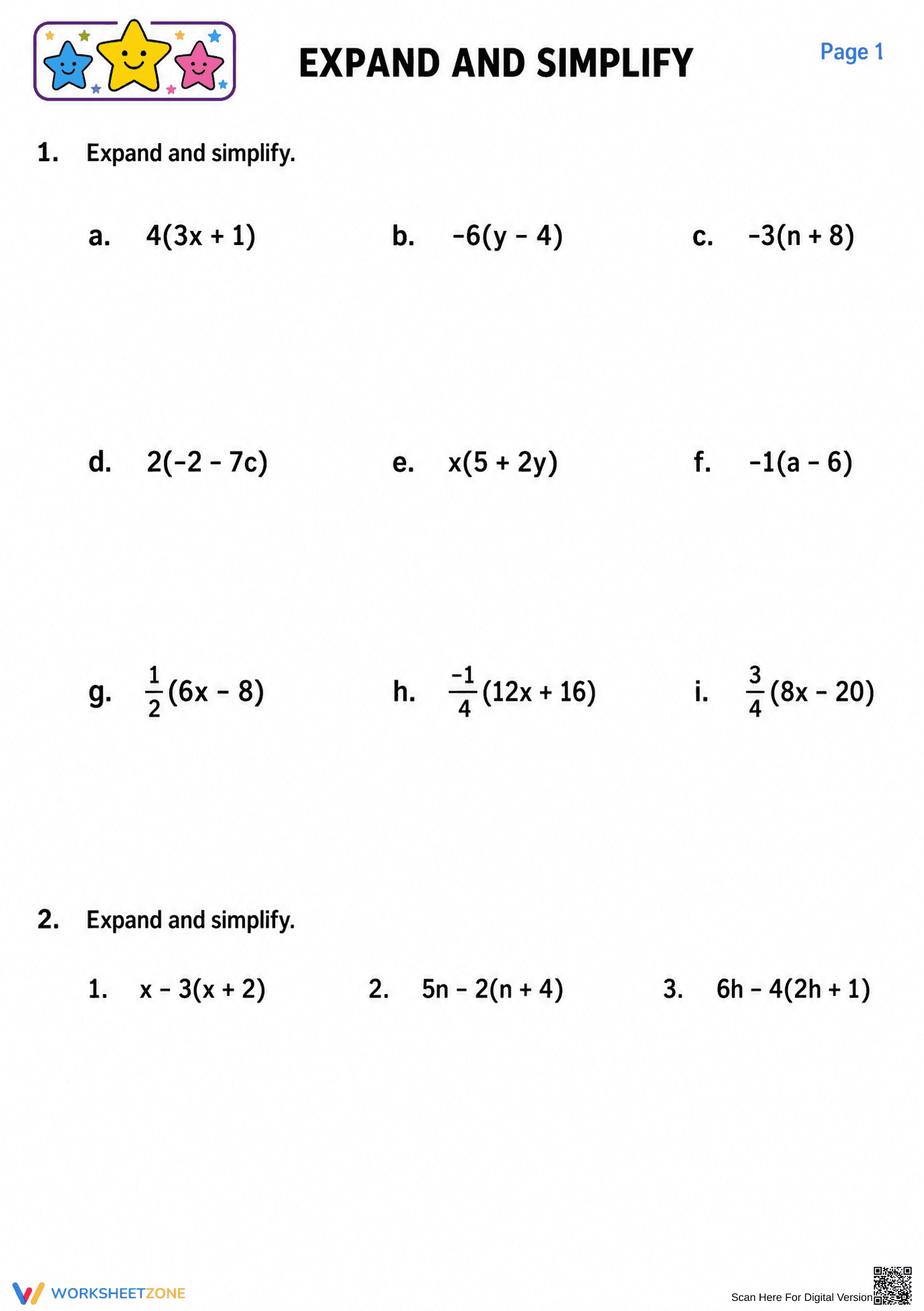 Expand and Simplify Worksheet | Grade 7 Math Printable - Page 1