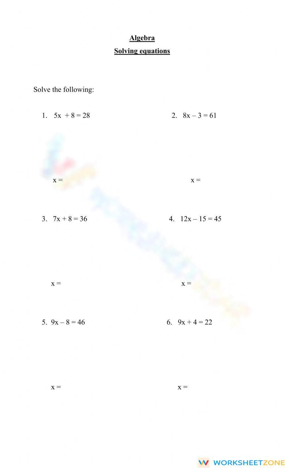 Solve Two-Step Equations Practice Worksheet - Page 1