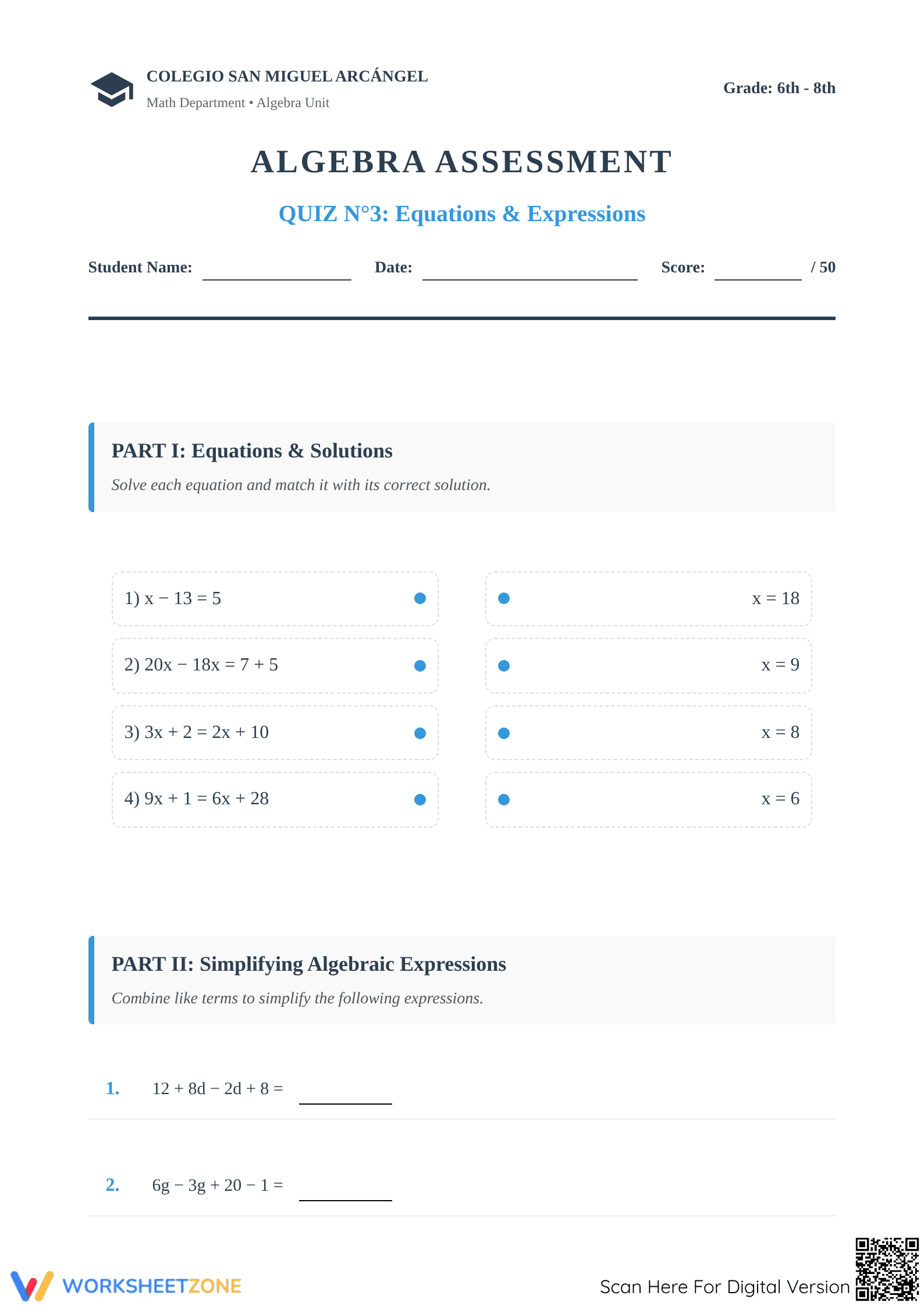 Printable Algebra Quiz: Equations & Expressions — Grade 6 - Page 1