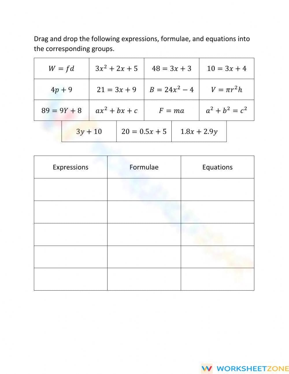 Expressions and Equations Drag & Drop - Page 1