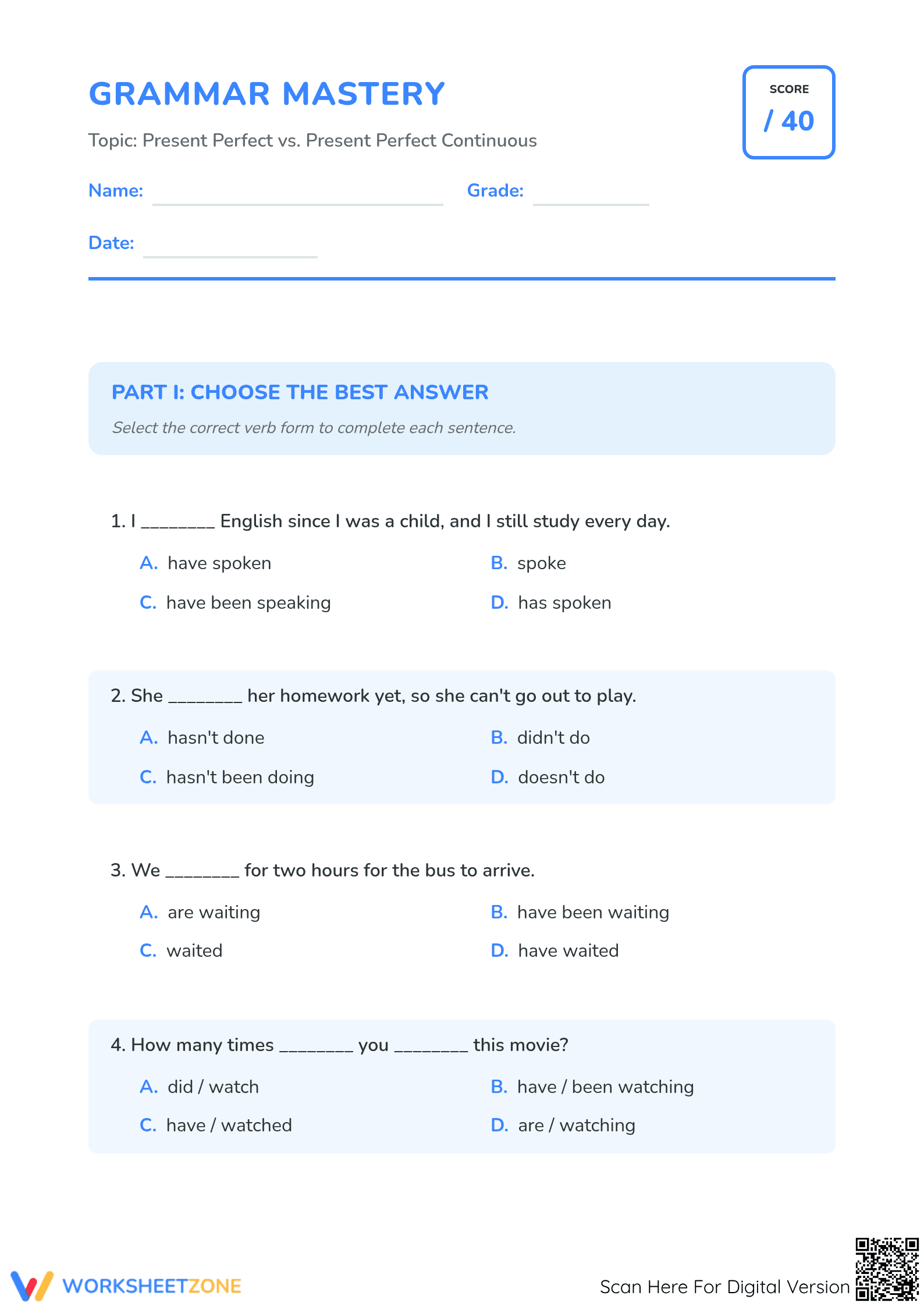 Present Perfect vs Continuous Worksheet | Essential Grade 6 - Page 1