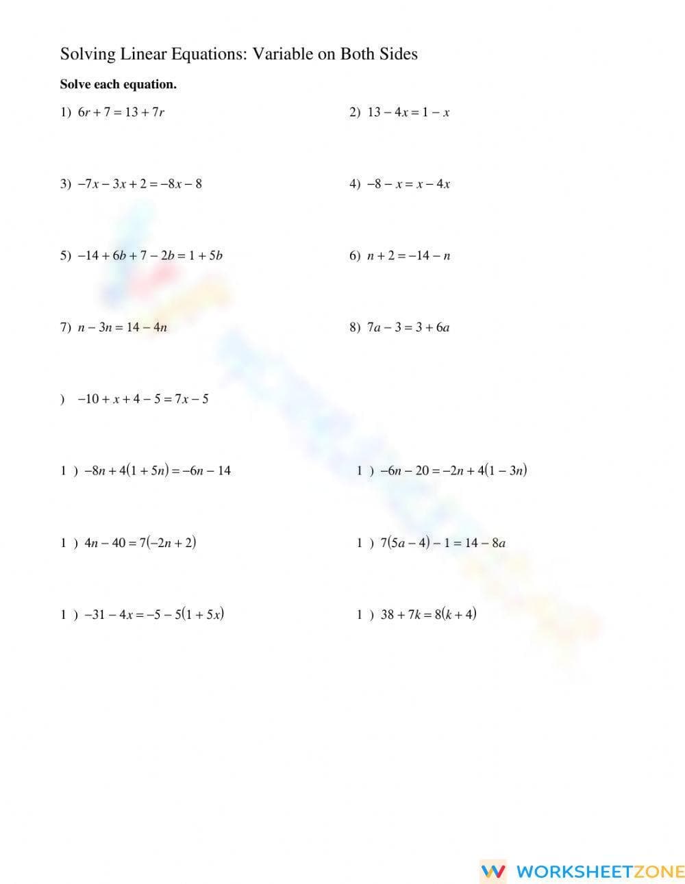 Linear Equations Worksheet: Variables on Both Sides Practice - Page 1