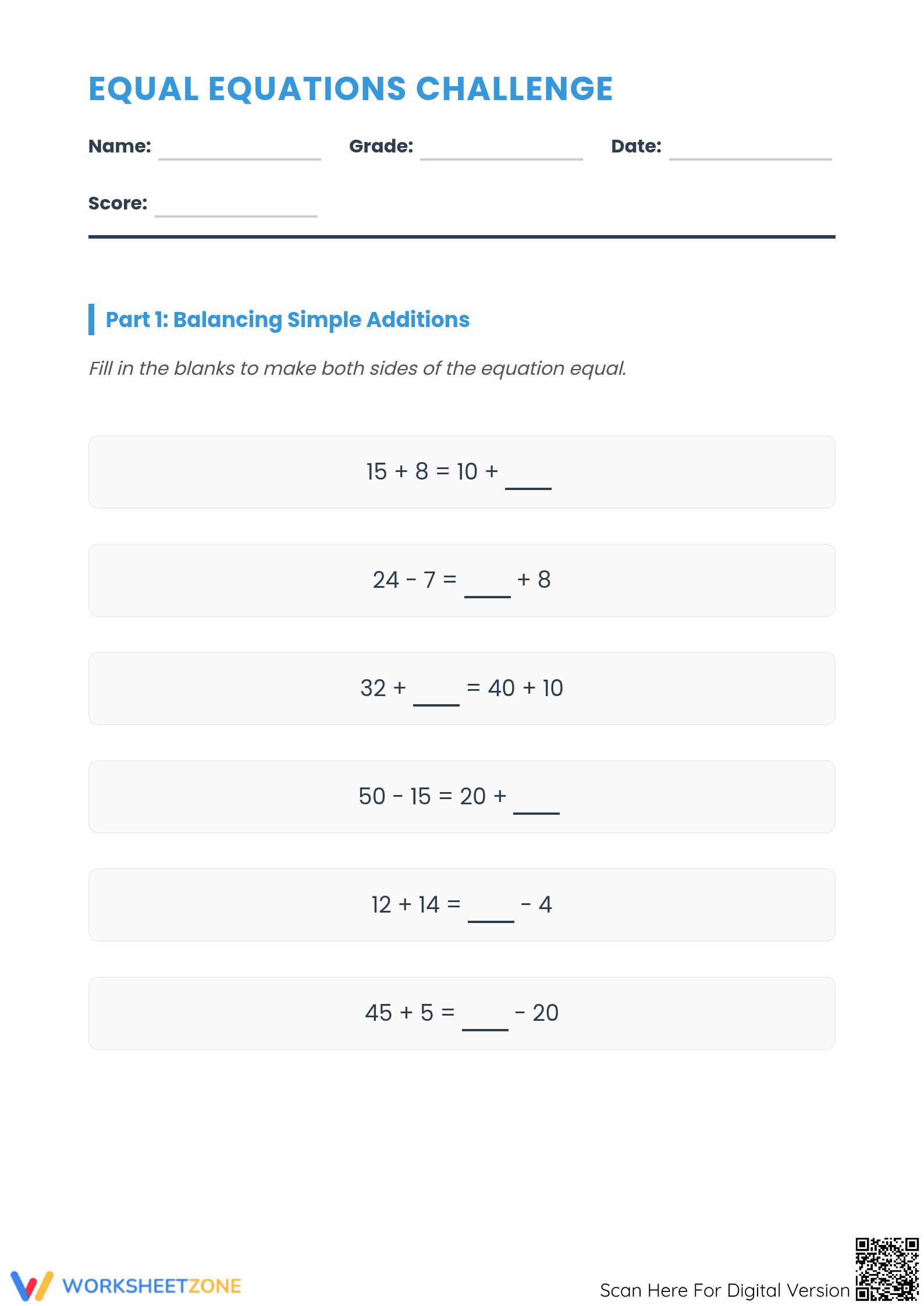 Essential Equal Equations Challenge Worksheet | Grade 6-8 - Page 1