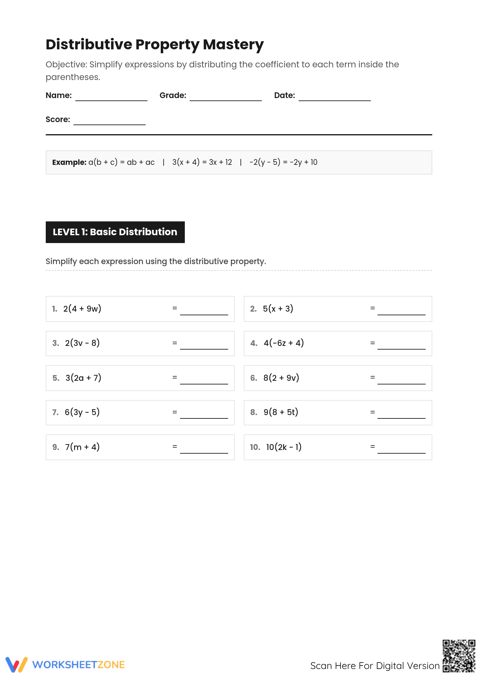 Essential Distributive Property Worksheet | Grade 7 Aligned - Page 1