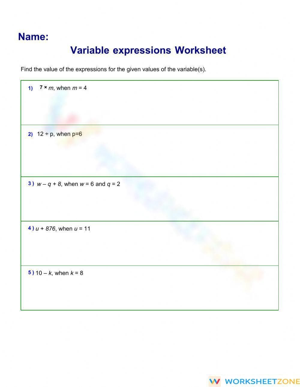 Evaluate Algebraic Expressions Worksheet - Page 1