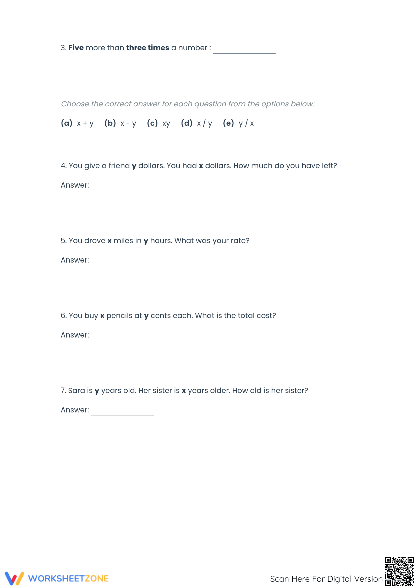 Essential Algebraic Expressions Worksheet | Grades 6-8 - Page 1
