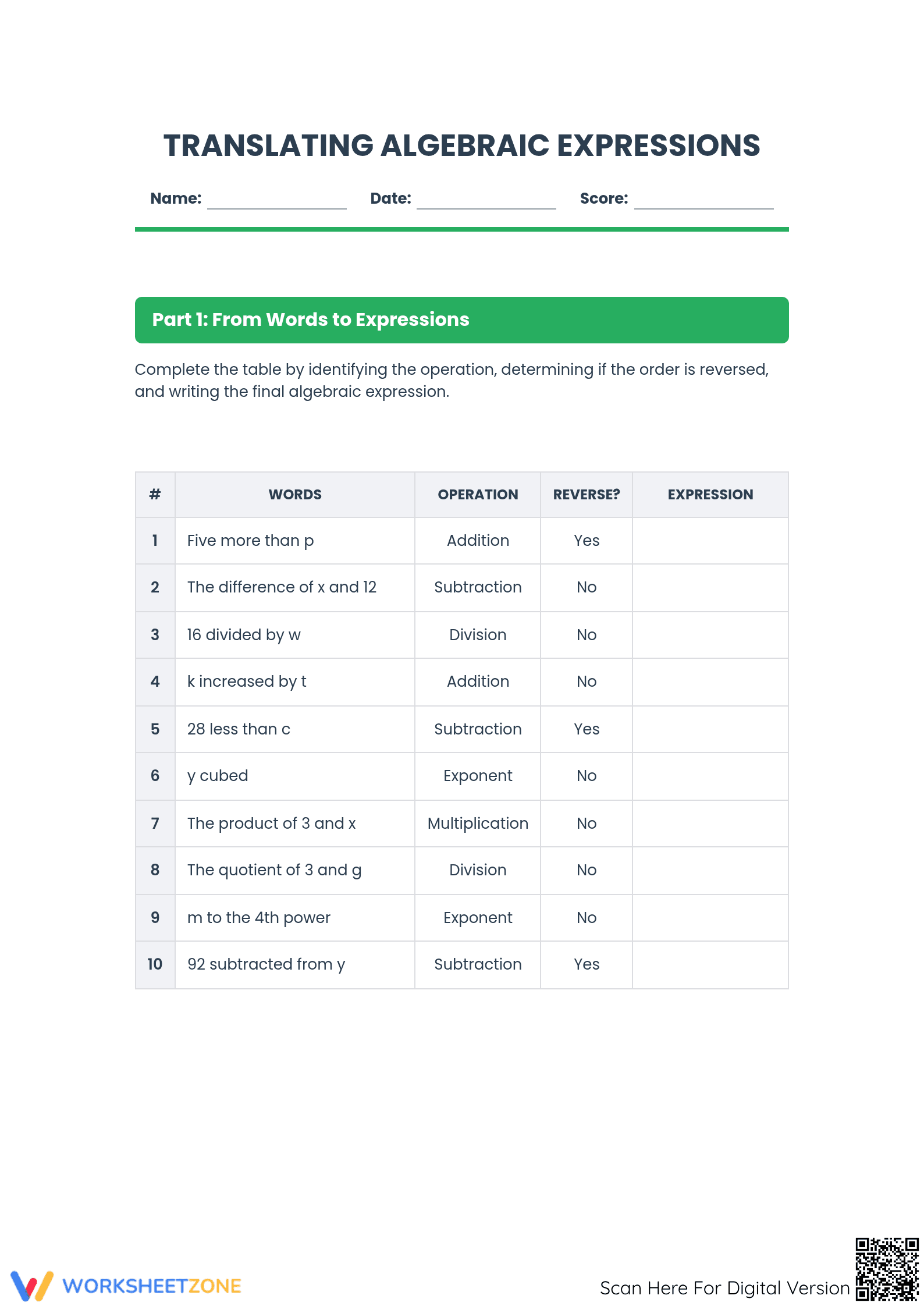 Printable Algebraic Expressions Translation Practice - Page 1