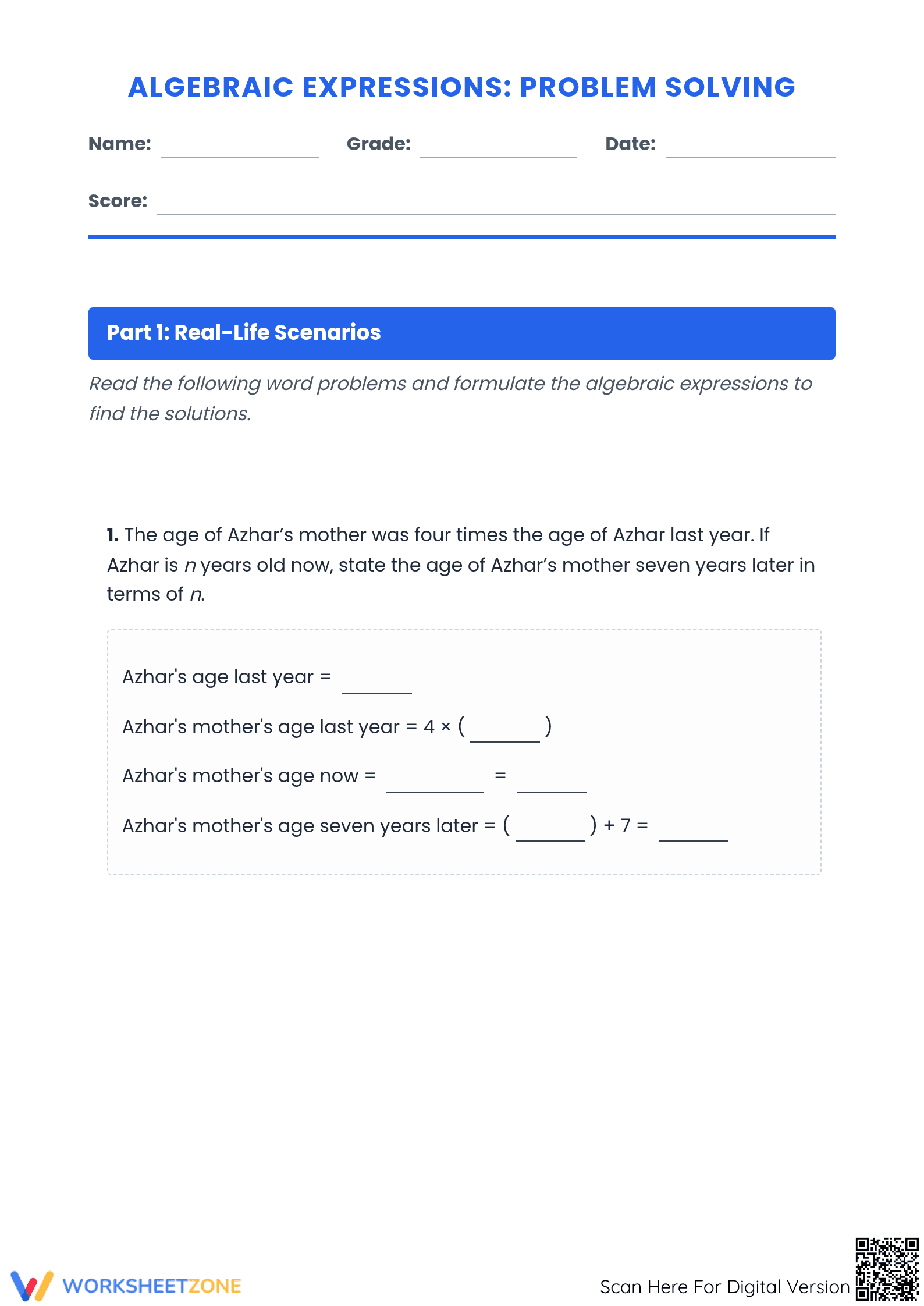 Algebraic Expressions Worksheet | Grade 6 Essential Practice - Page 1