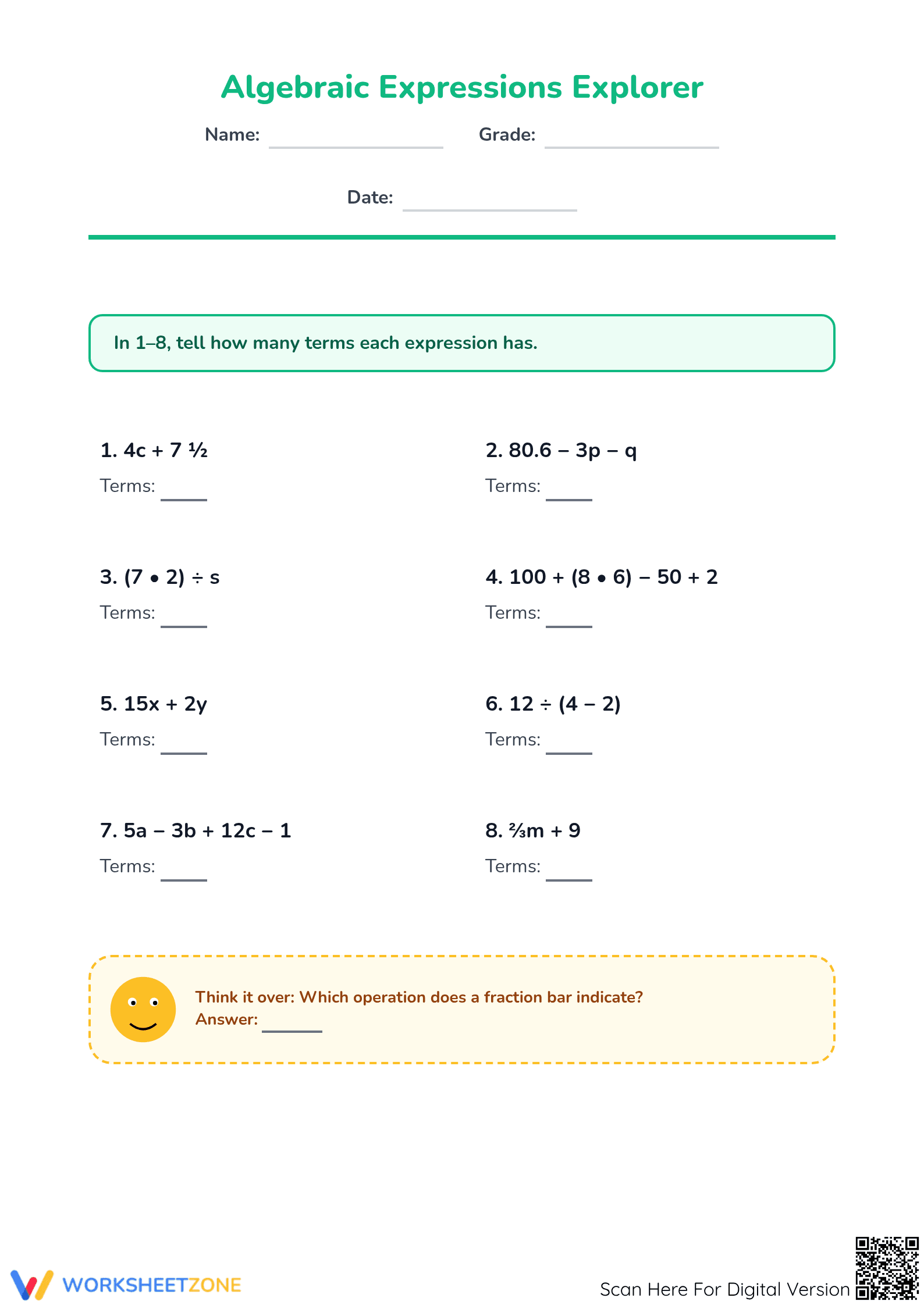 Essential Algebraic Expressions Practice | Grade 6 Math - Page 1