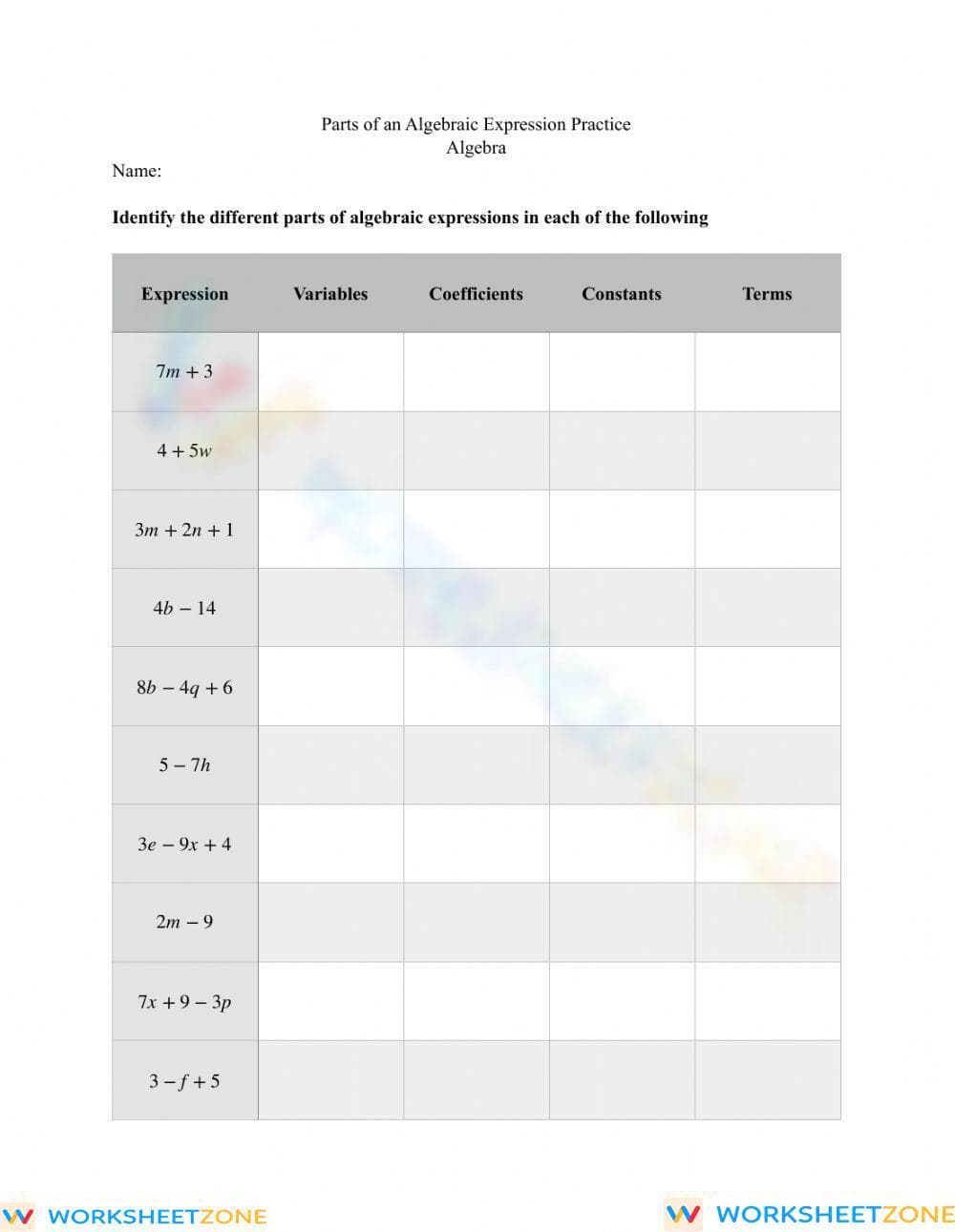 Simplifying Algebraic Expressions Practice - Page 1