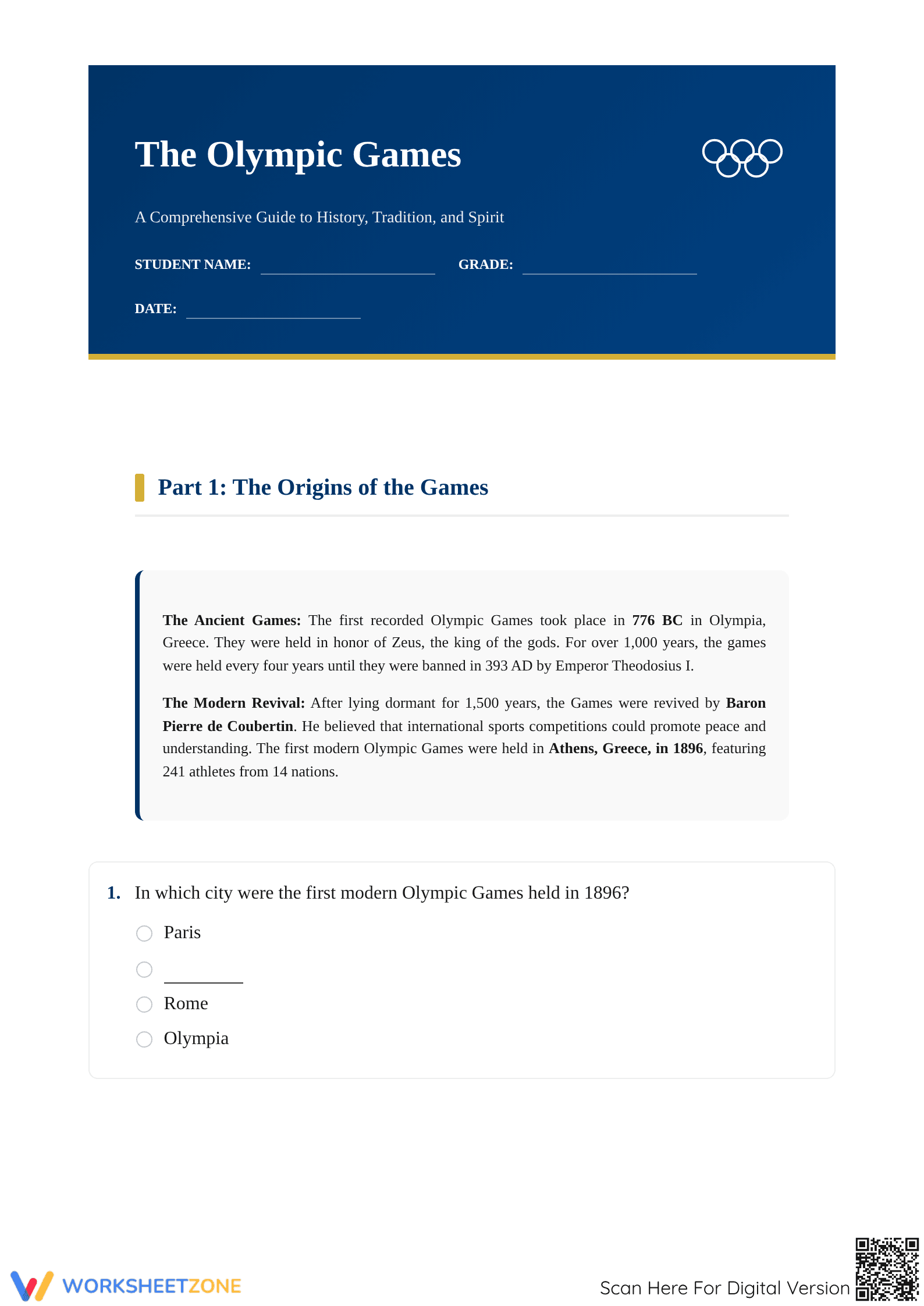 The Olympic Games History: Printable Grade 5-7 ELA Worksheet - Page 1