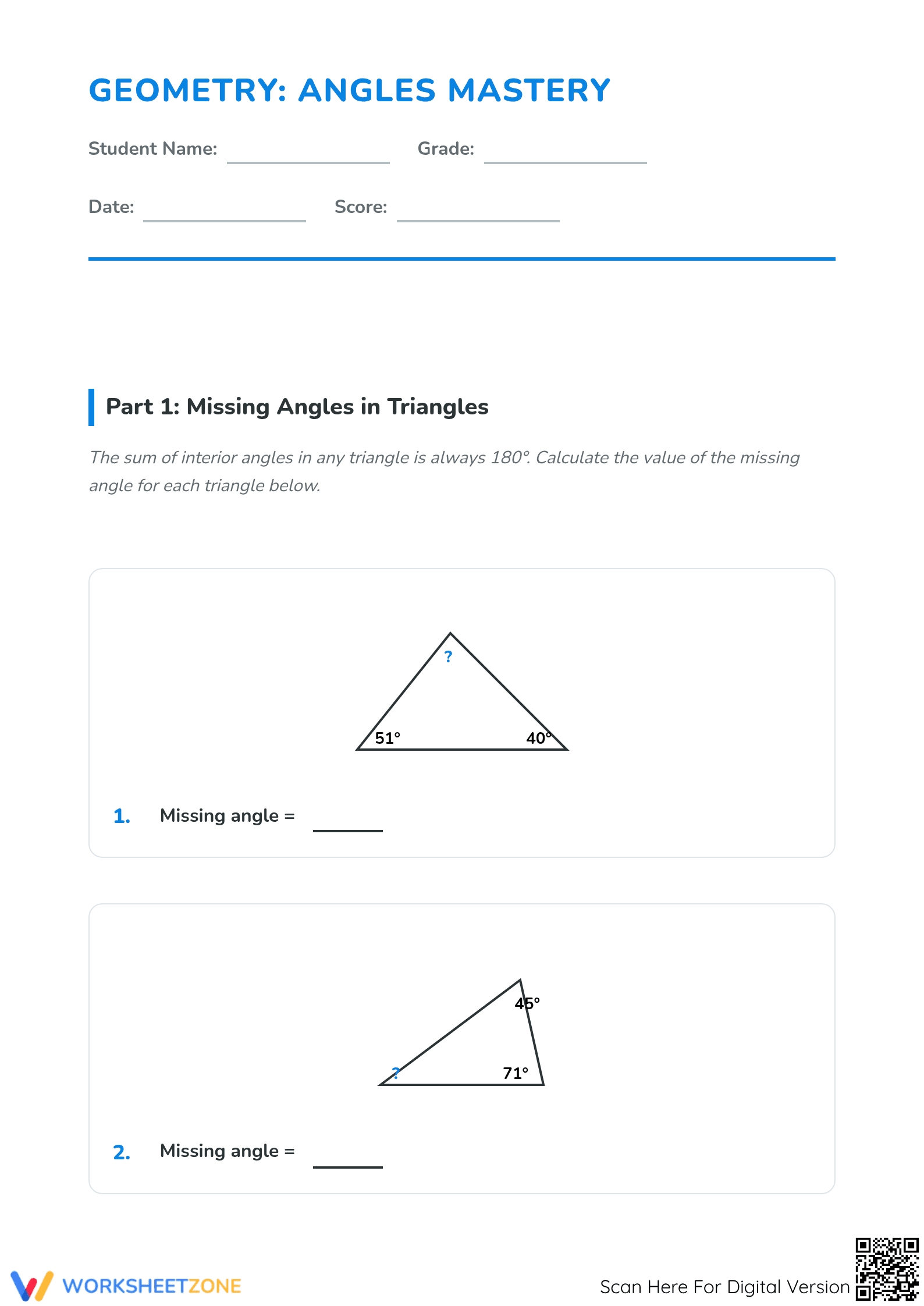 Printable Geometry: Calculating Missing Angles Worksheet - Page 1