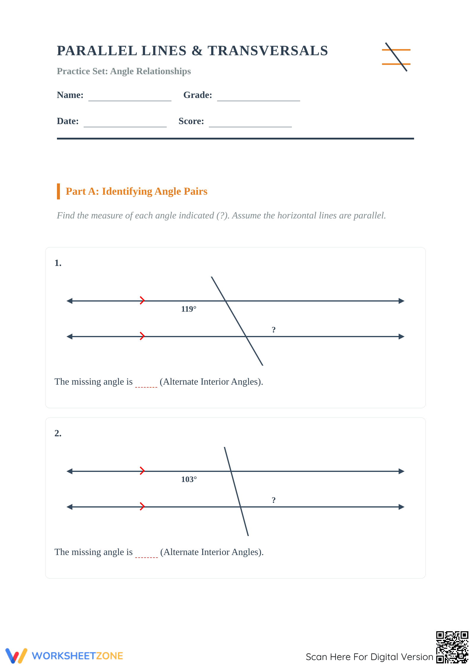 Essential Parallel Lines & Transversals Worksheet | Grade 8 - Page 1
