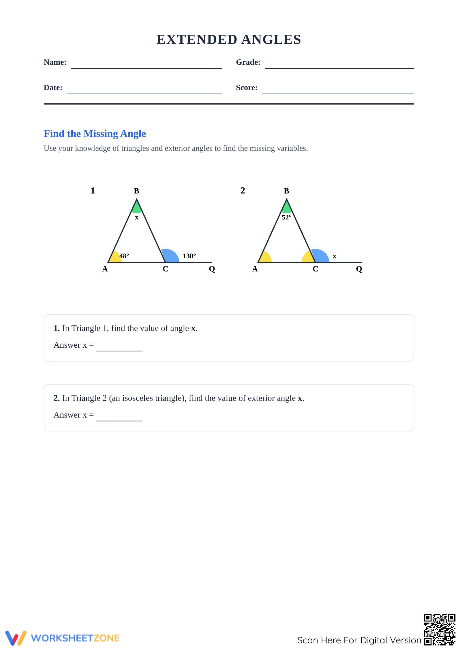 Triangles with Extended Angles Worksheet | Grade 7 Essential - Page 1