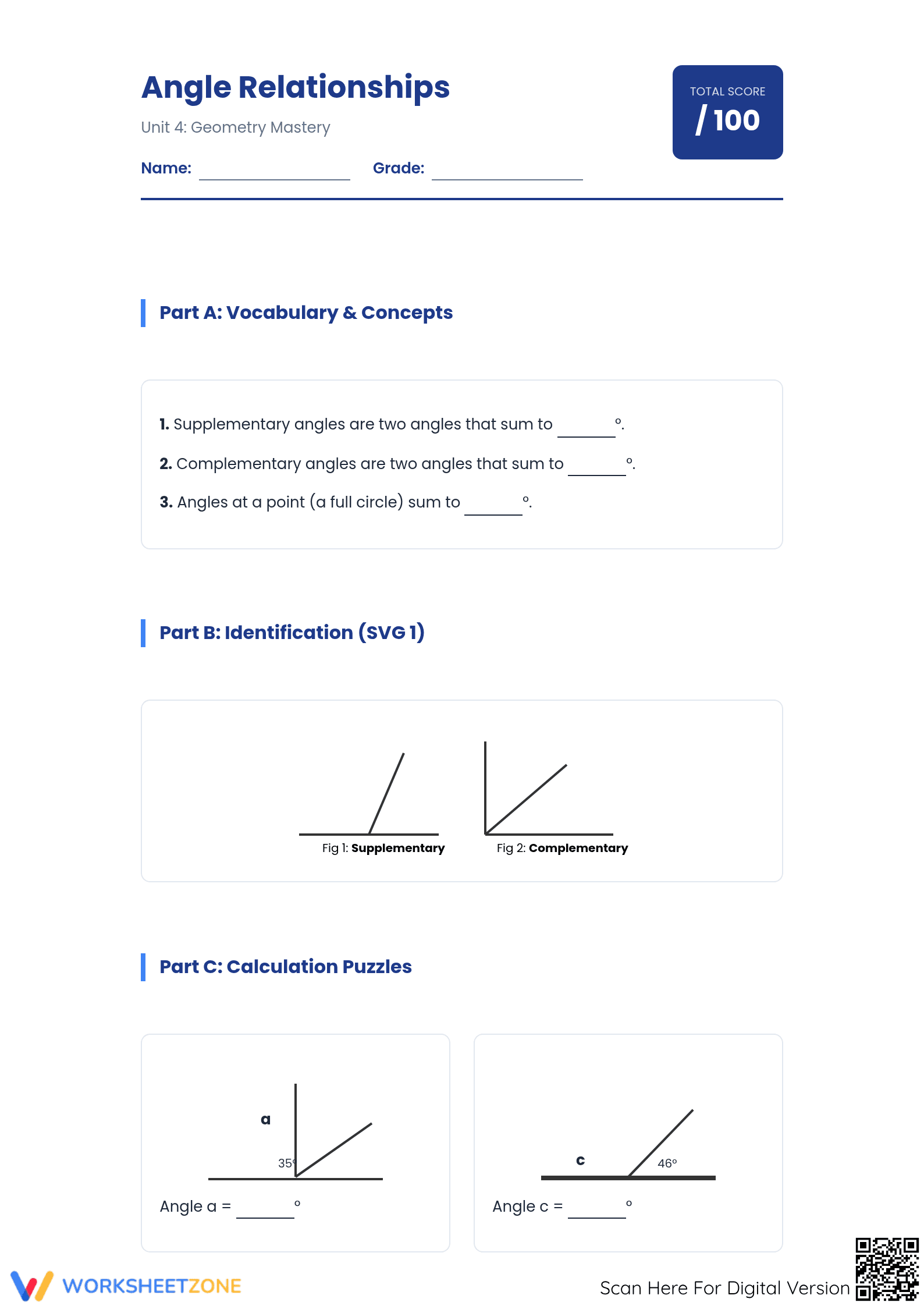 Essential Angle Relationships Worksheet | Grades 7-8 - Page 1