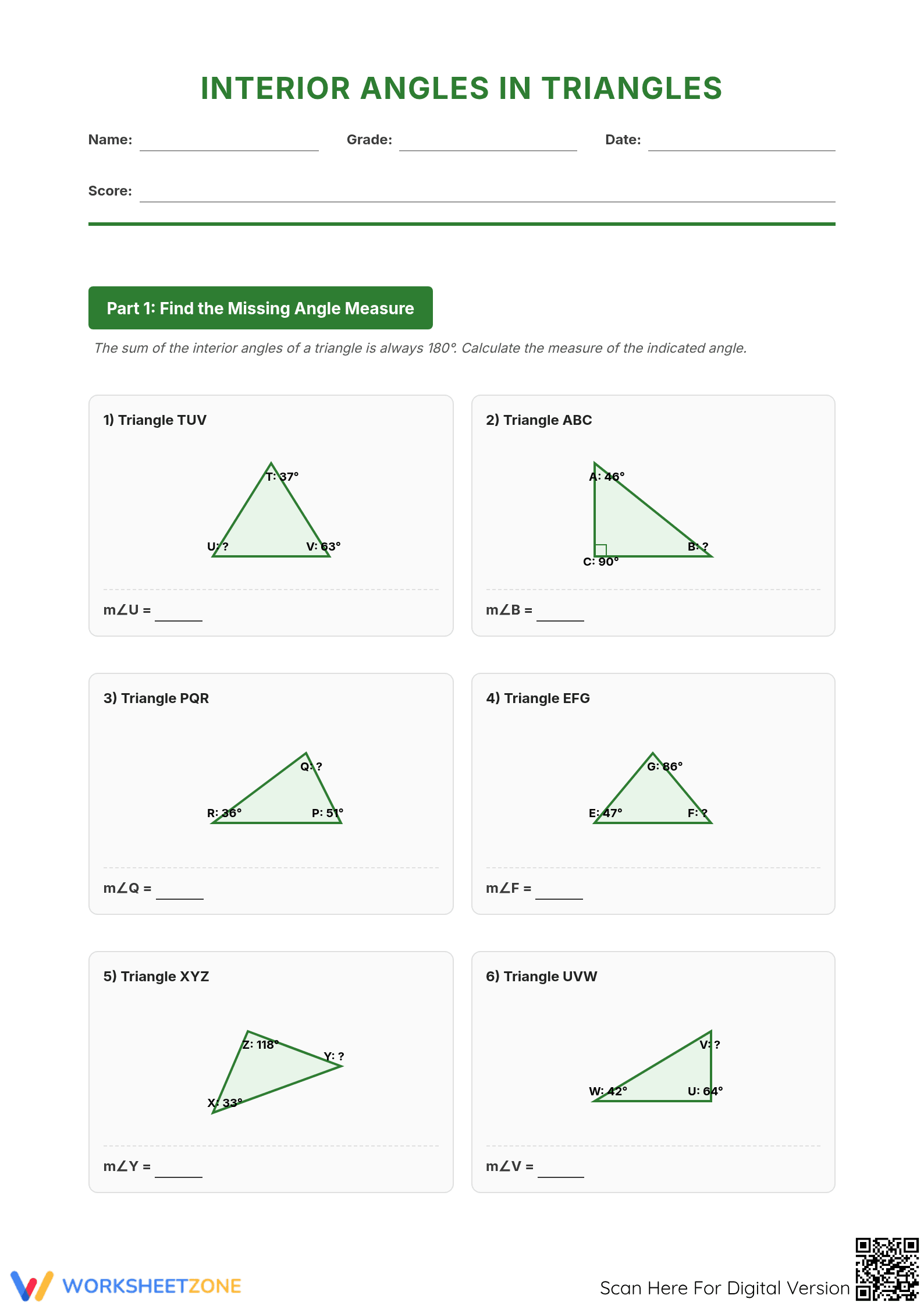 Interior Angle in a Triangle: Essential Grade 9-11 Worksheet - Page 1