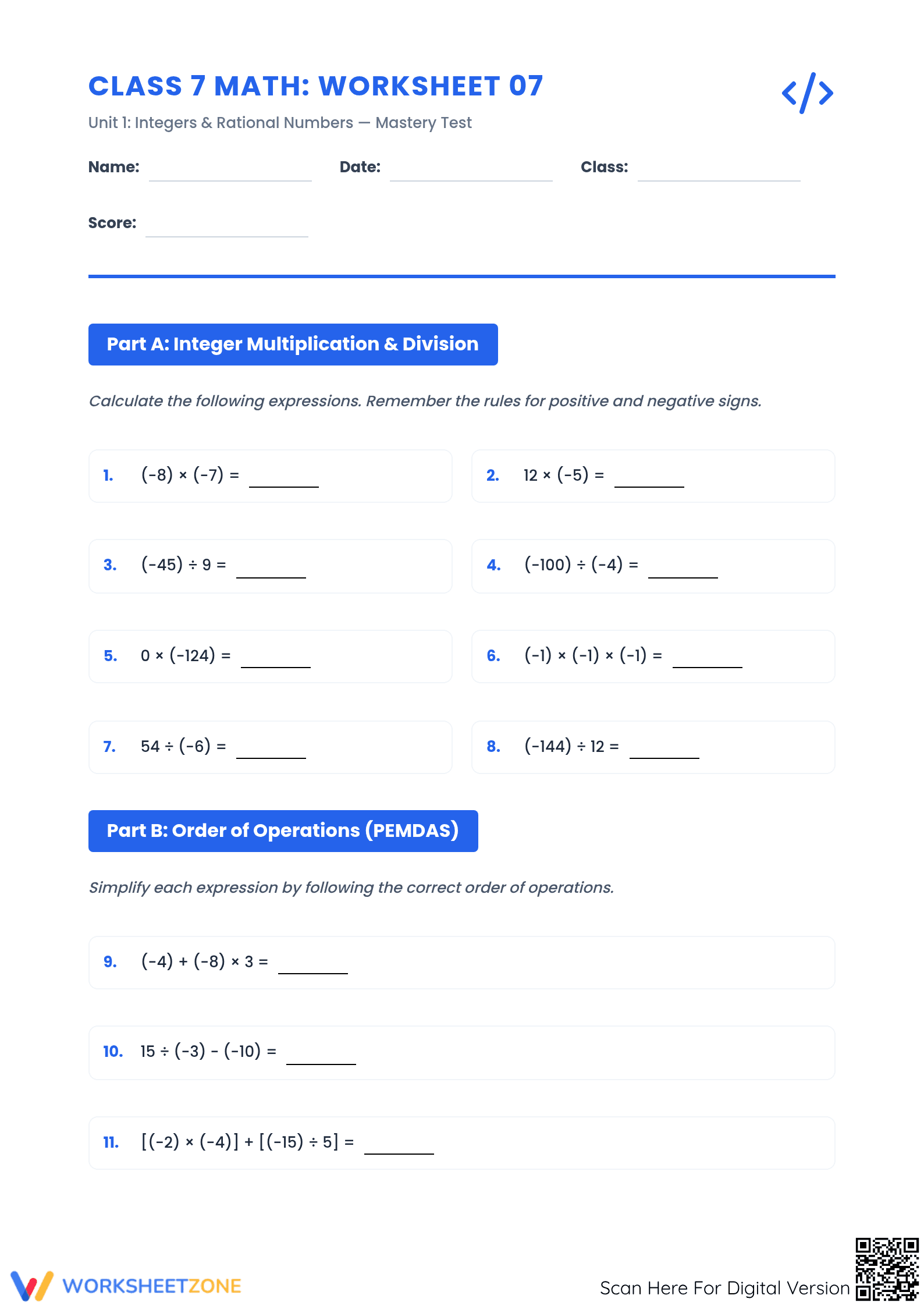 Essential Grade 7 Integers Worksheet | Mastery Test Aligned - Page 1