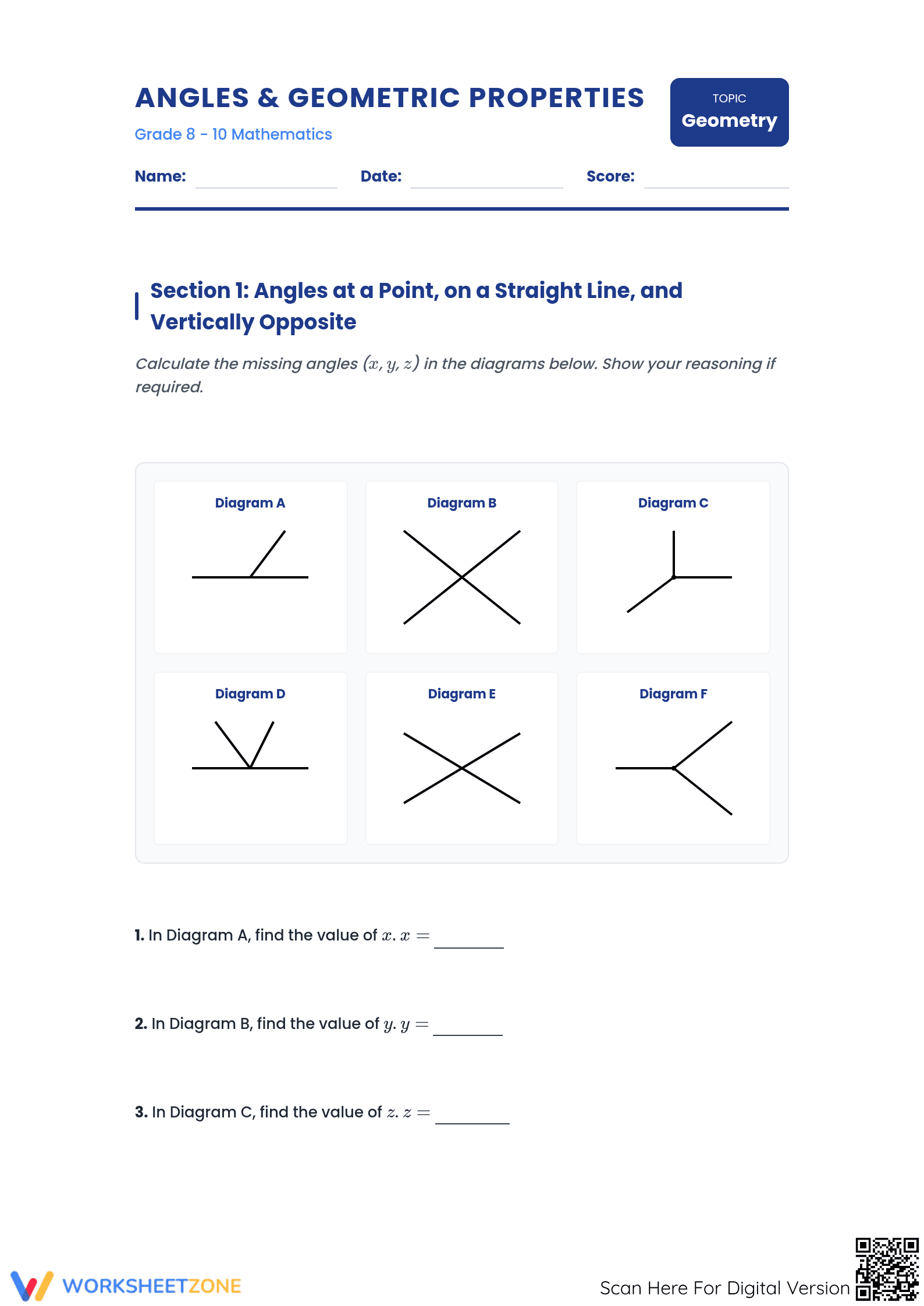 Essential Angles and Geometric Properties Worksheet - Page 1