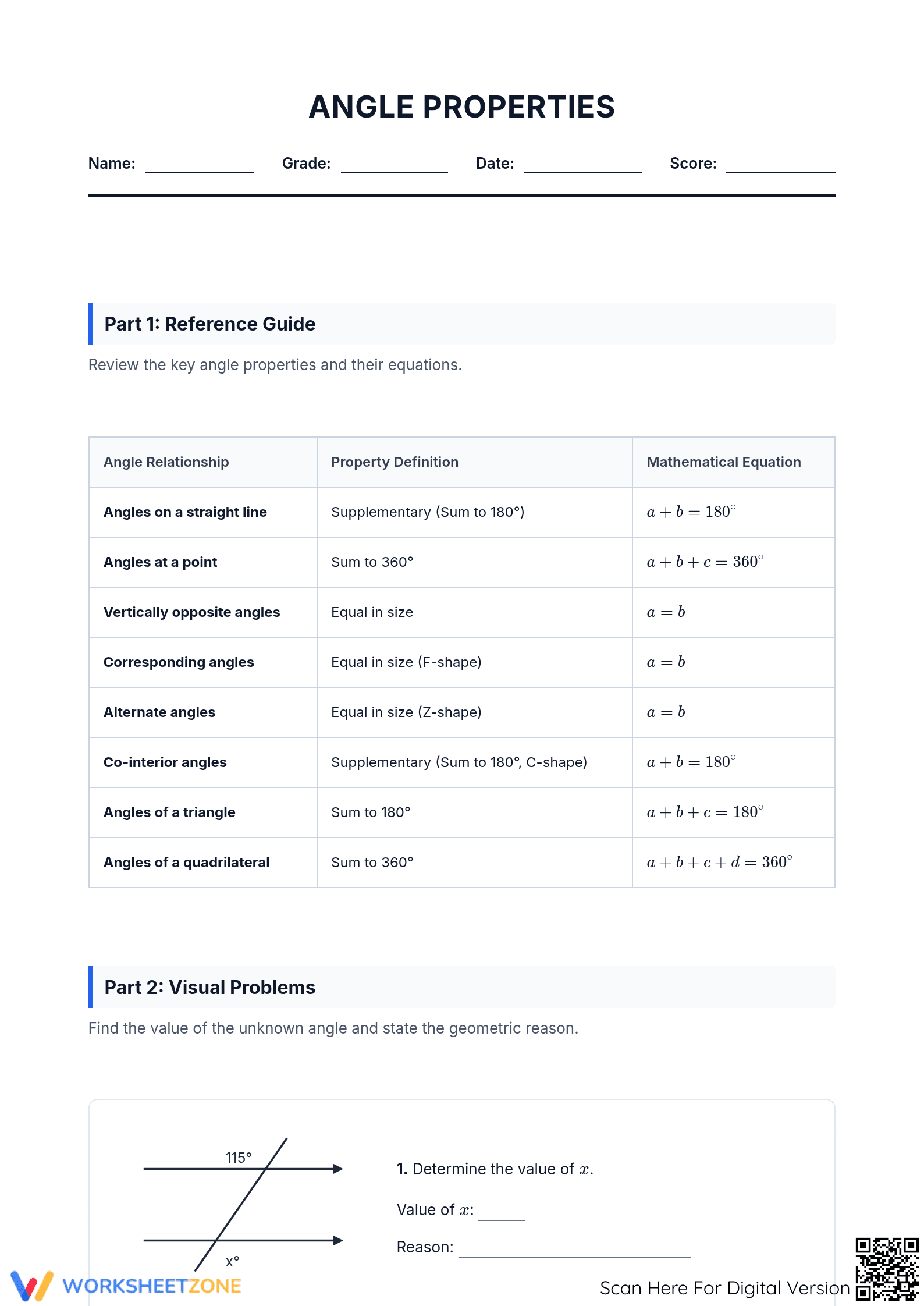 Angle Properties Worksheet | Grade 7-9 Essential Math - Page 1