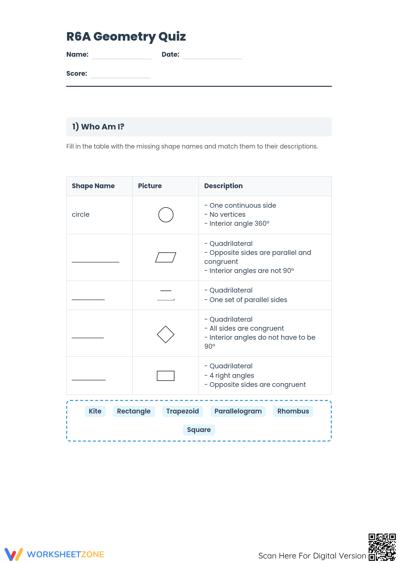 Essential Grade 6 Geometry Quiz: Shapes & Angles | Aligned - Page 1