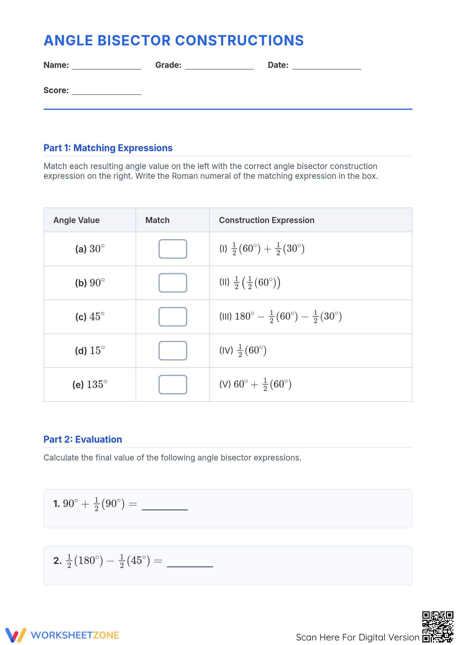 Angle Bisector Expressions Worksheet | Grade 7 Essential - Page 1