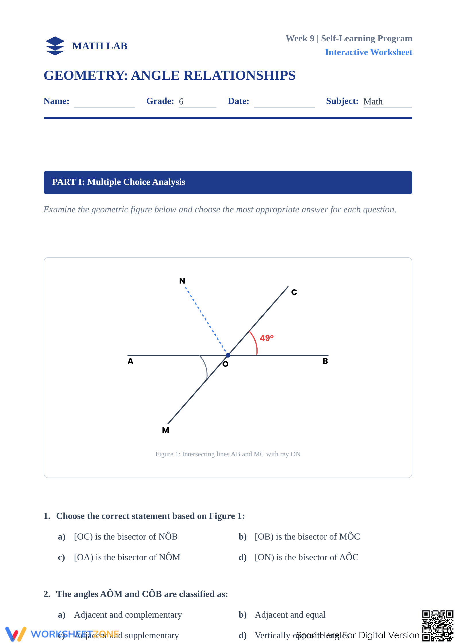 Angle Relationships Worksheet | Grade 6 Math Printable - Page 1