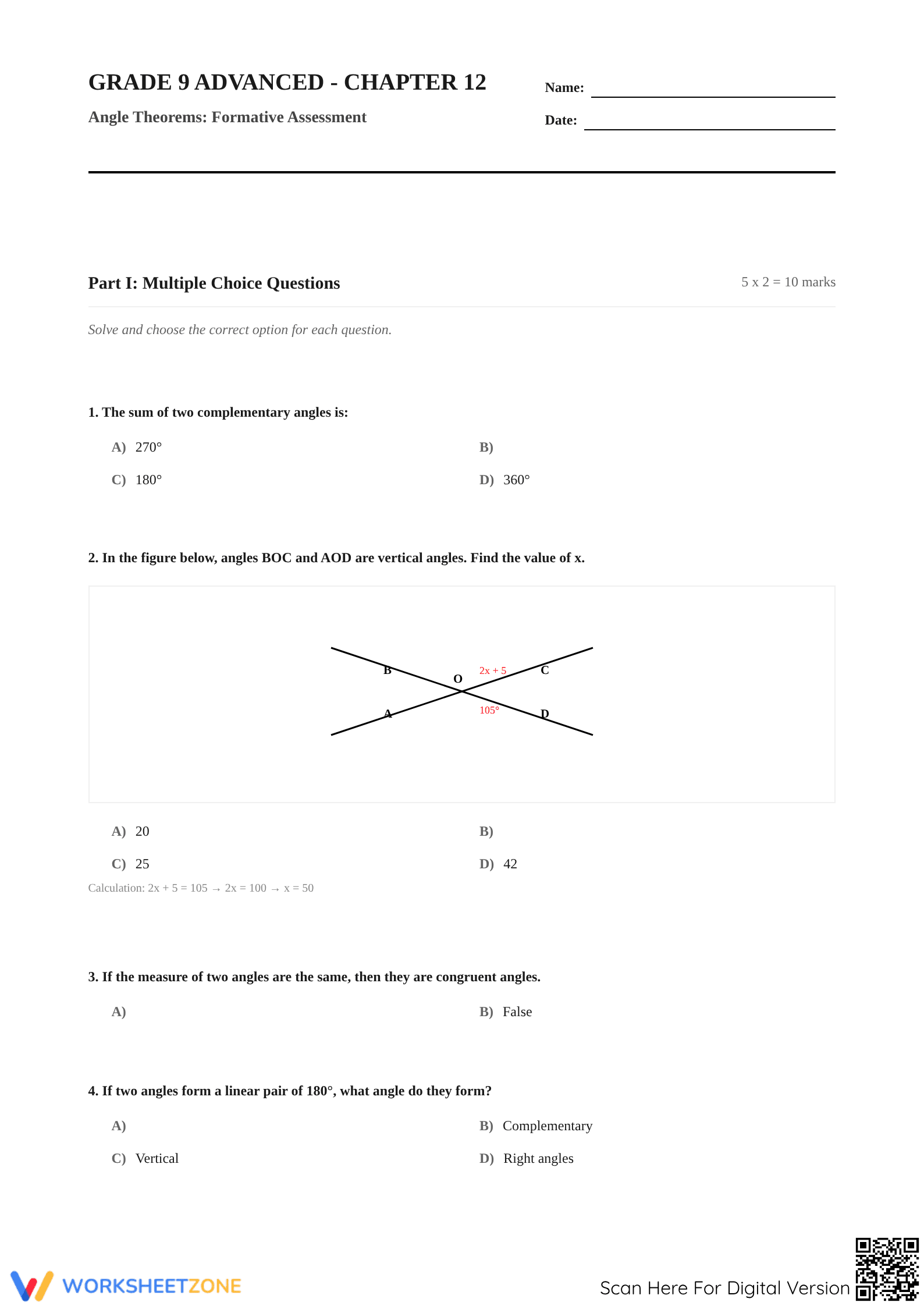 Essential Angle Theorem Assessment | Grade 9-12 Aligned - Page 1