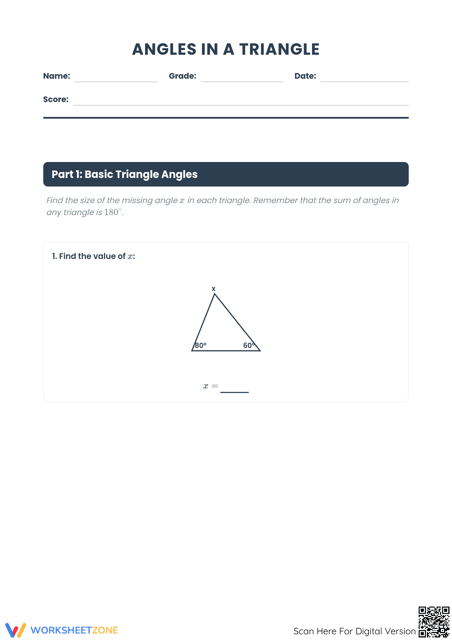 Angles in a Triangle Worksheet | Essential Grade 7 Math - Page 1