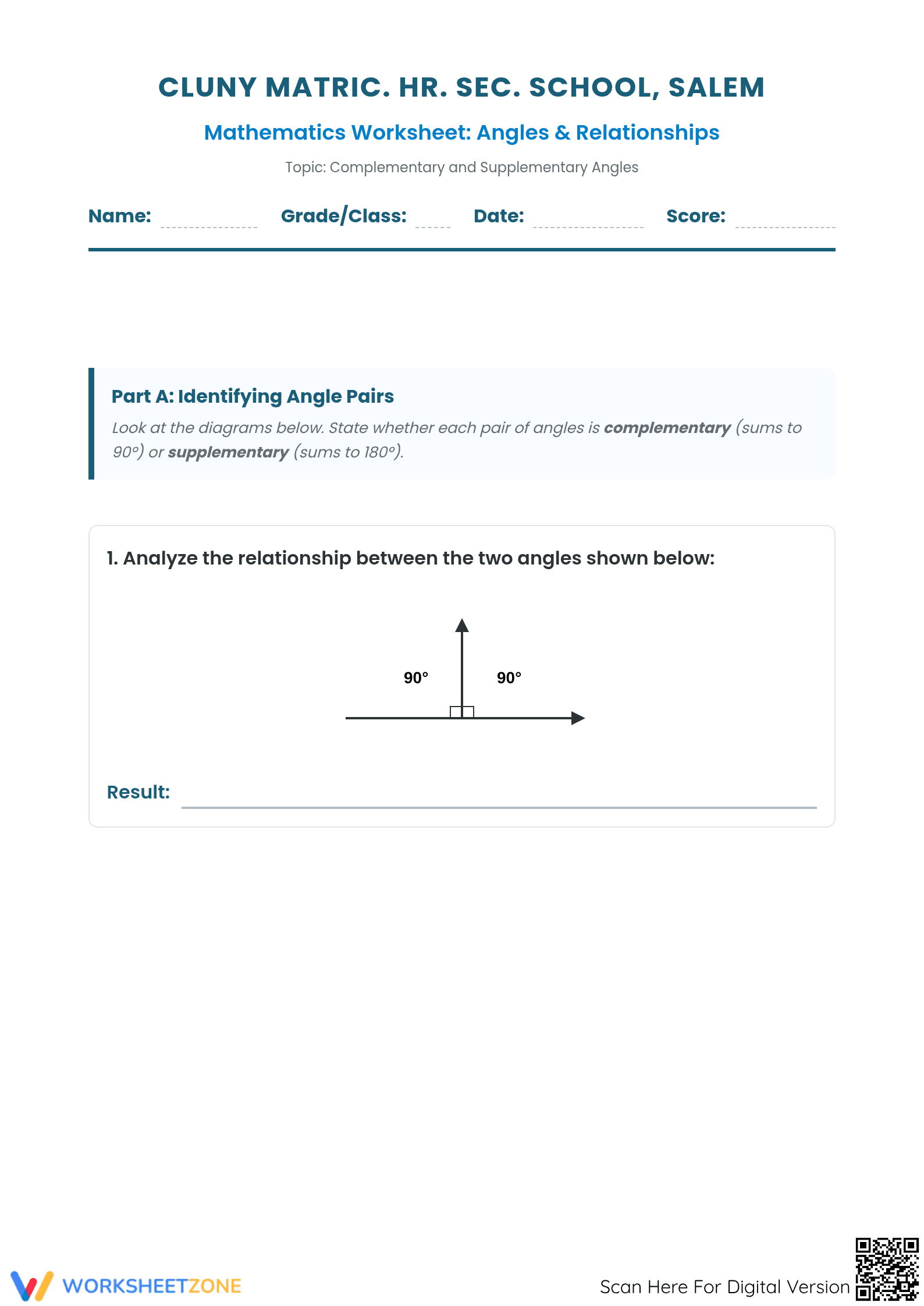 Essential Complementary & Supplementary Angles Worksheet - Page 1