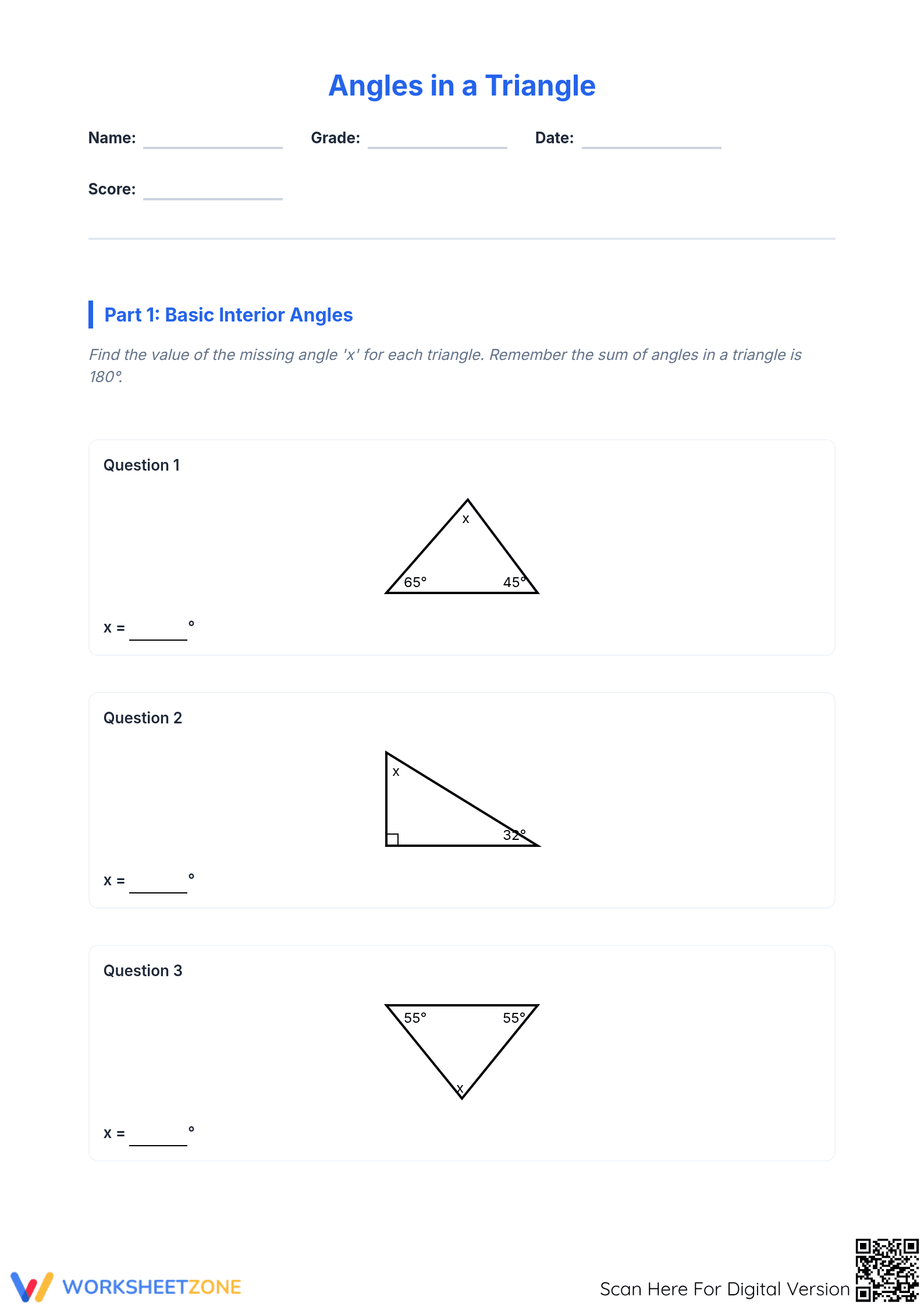 Grade 8 Angles in a Triangle — Printable No-Prep Worksheet - Page 1