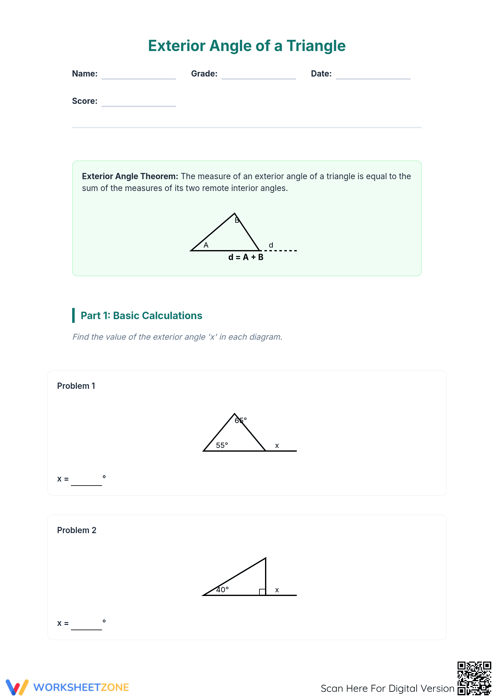 Essential Exterior Angle Triangle Worksheet | Grade 8-10 - Page 1