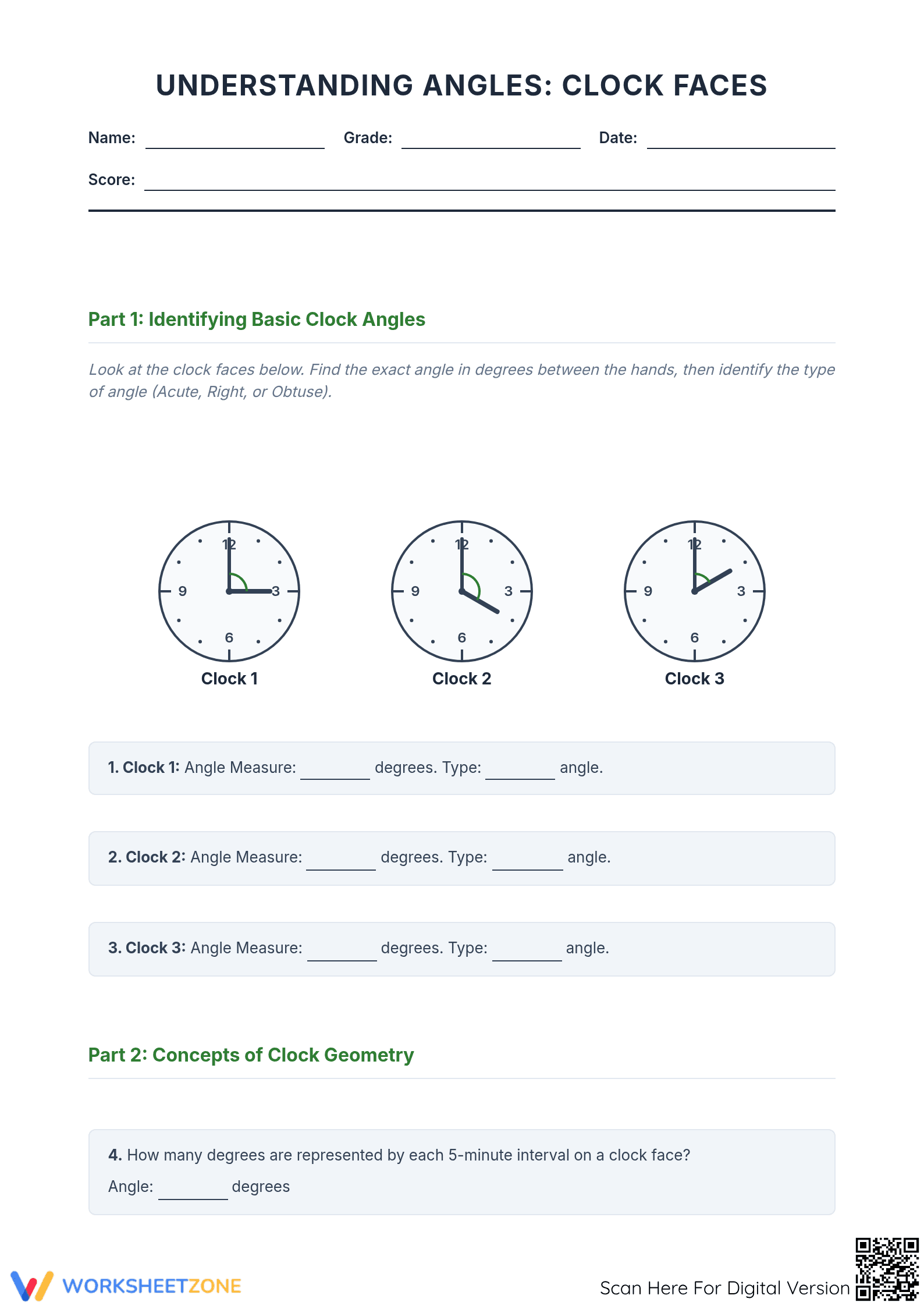 Essential Angles on a Clock Worksheet | Grade 9-12 Math - Page 1