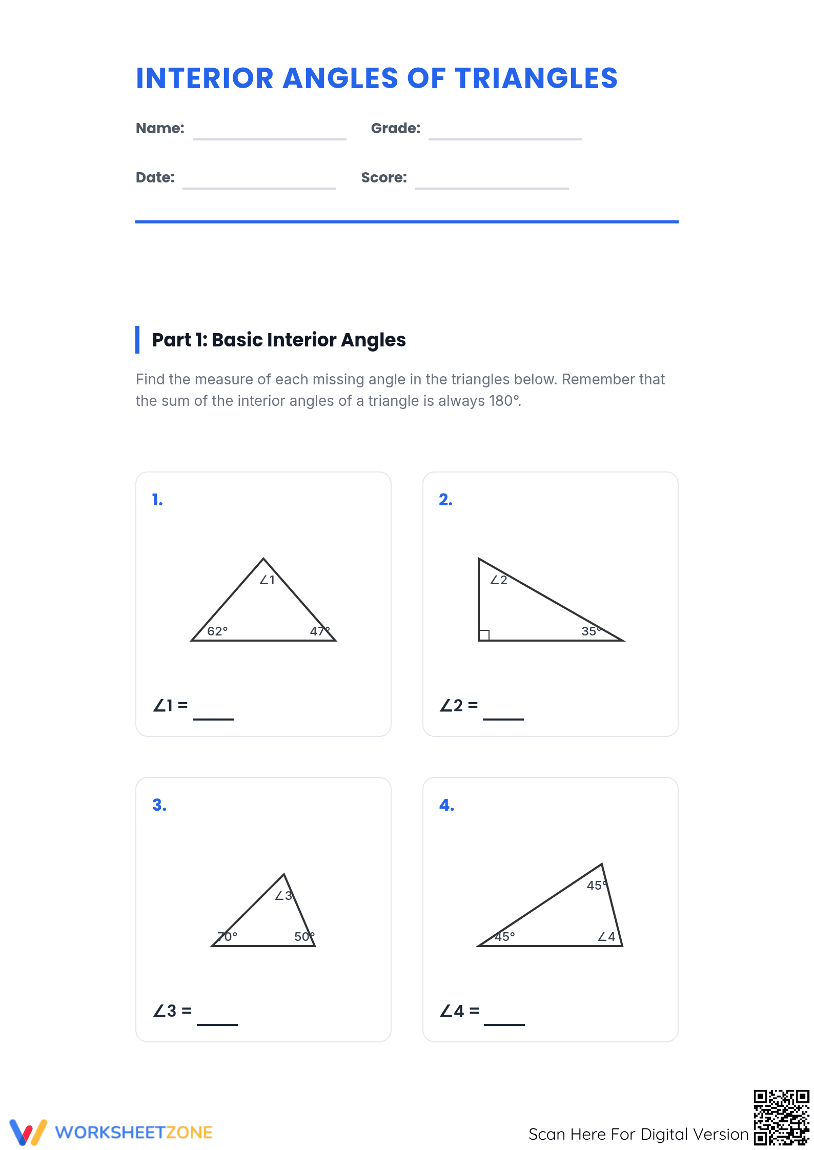 Interior Angles of Triangles Worksheet | Essential 8th Grade Math - Page 1