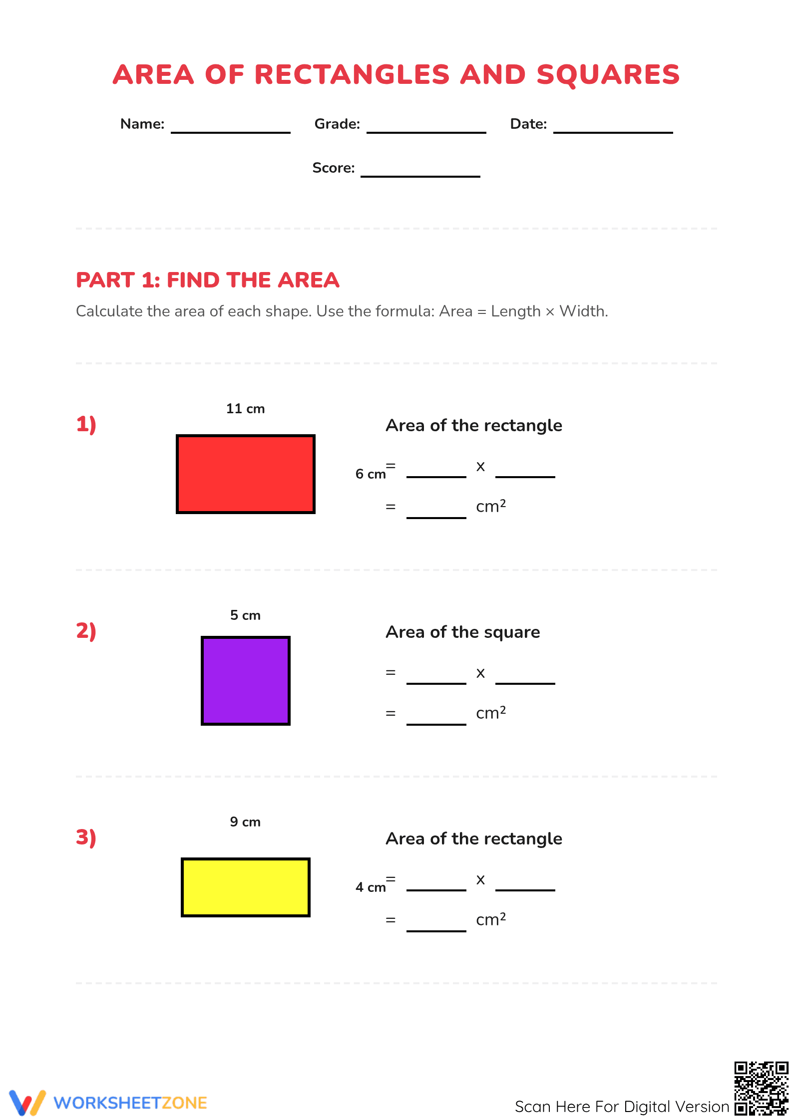 Essential Area of Rectangles and Squares Worksheet | Grade 4 - Page 1