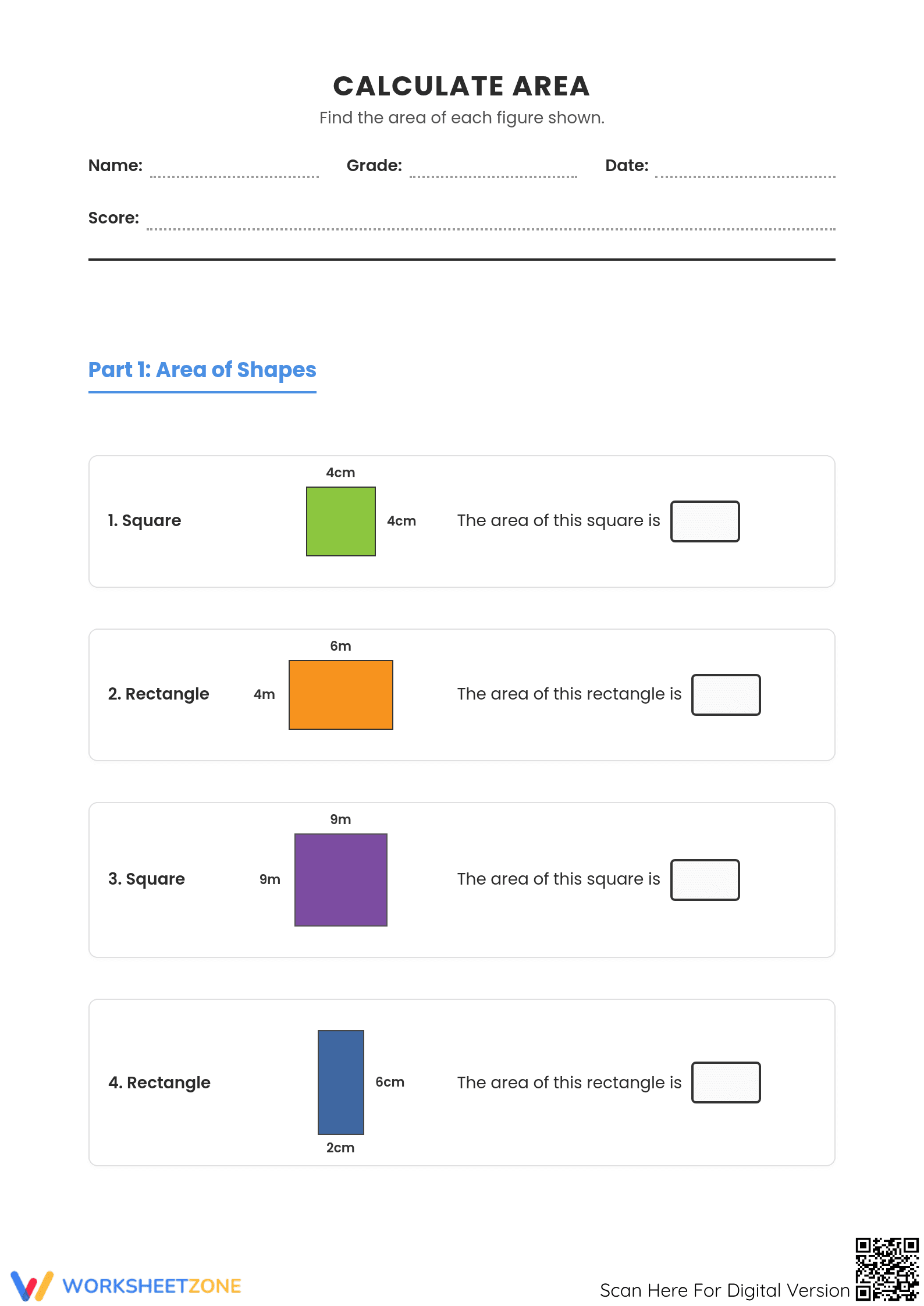 Essential Area of Square and Rectangle Practice Worksheet - Page 1