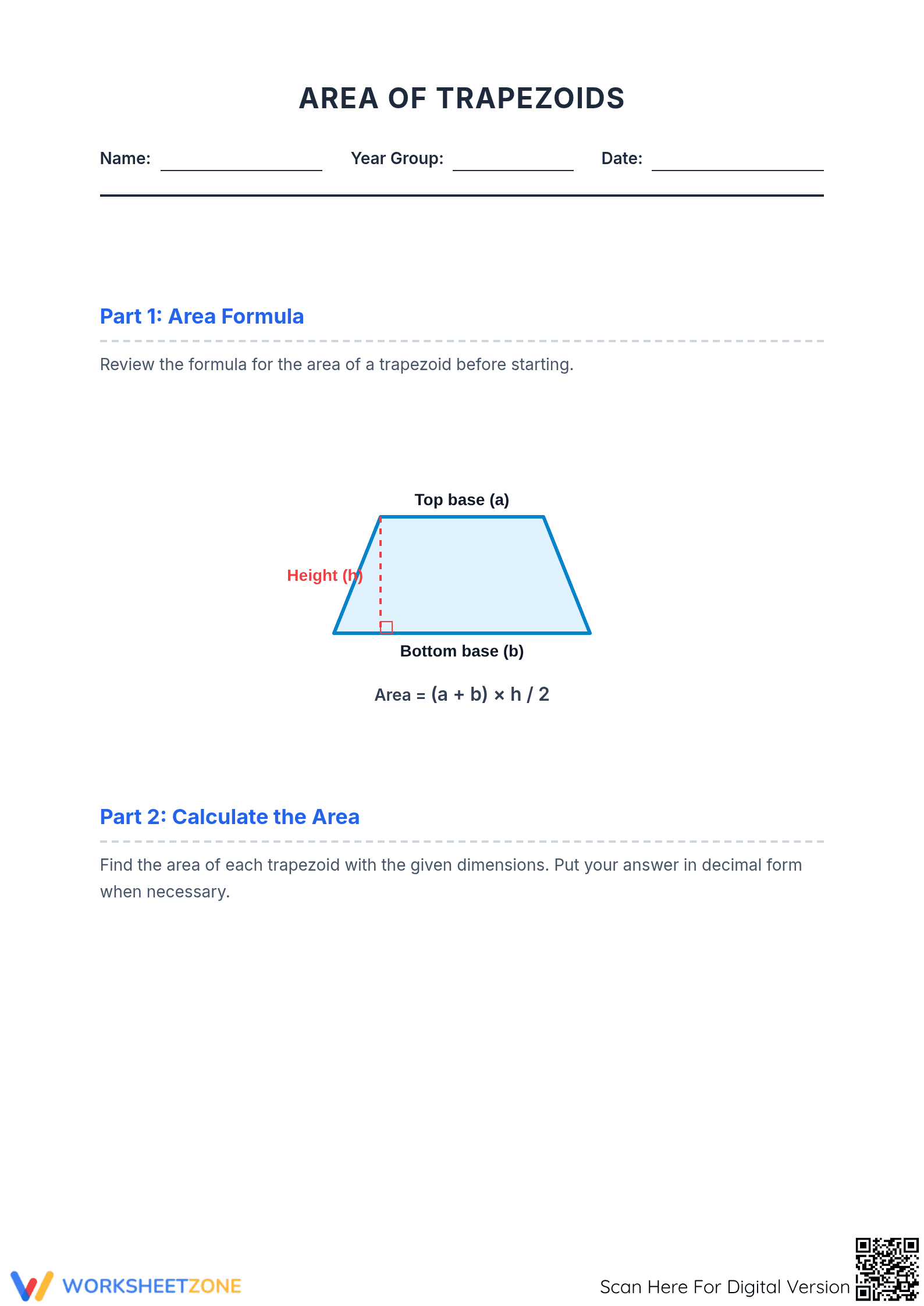 Essential Area of Trapezoids Worksheet | Grade 6-8 - Page 1