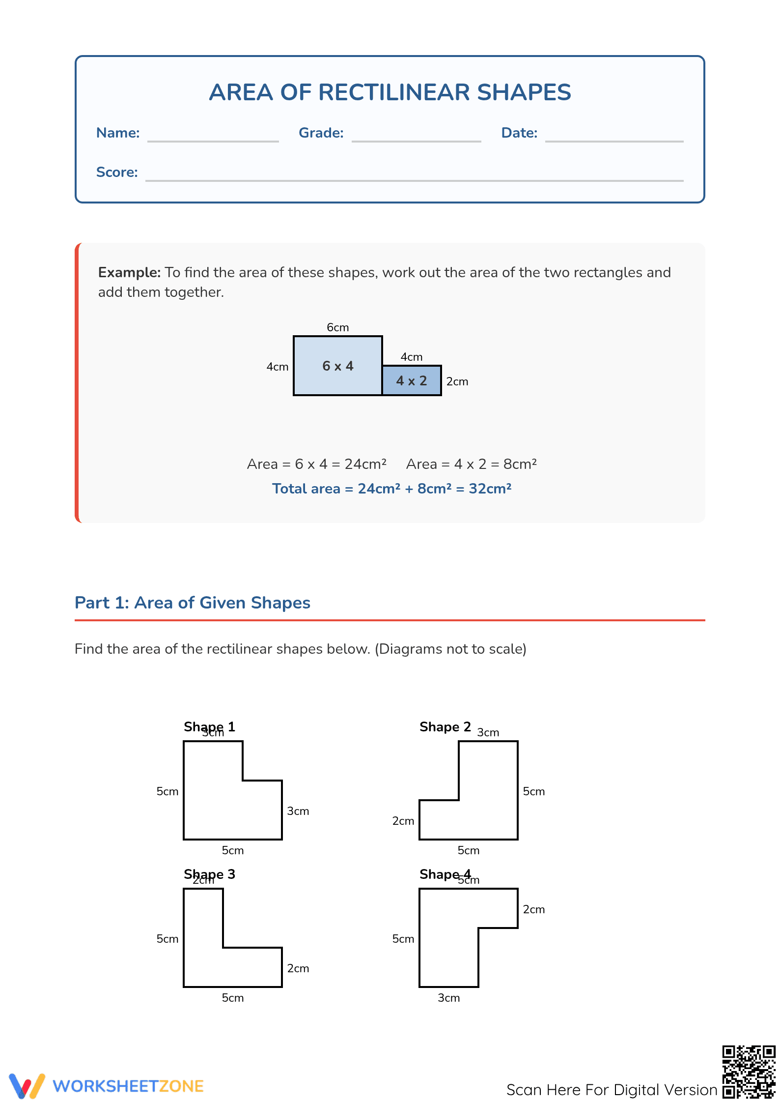 Grade 4-6 Area of Rectilinear Shapes — Printable Worksheet - Page 1