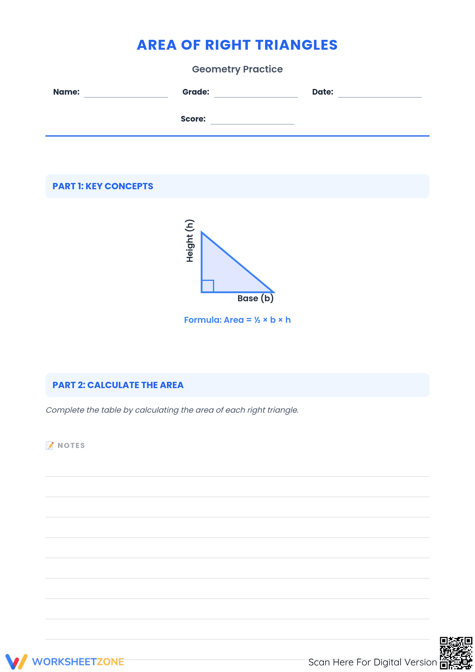 Area of Right Triangles: Printable Math Practice Worksheet - Page 1