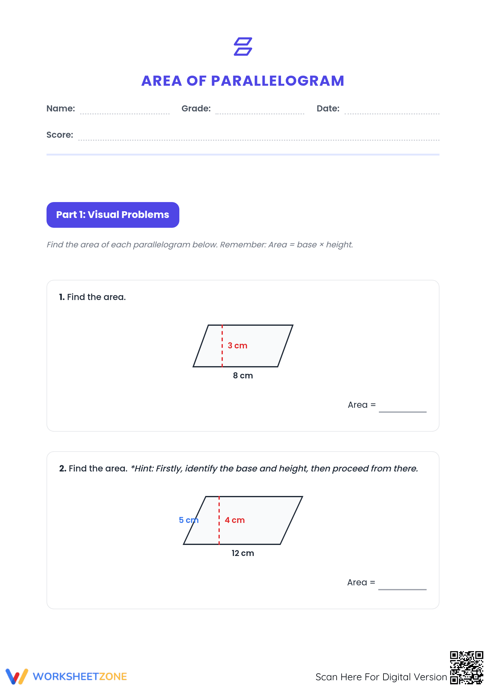 Area of Parallelogram Worksheet | Essential Grade 6 Math - Page 1