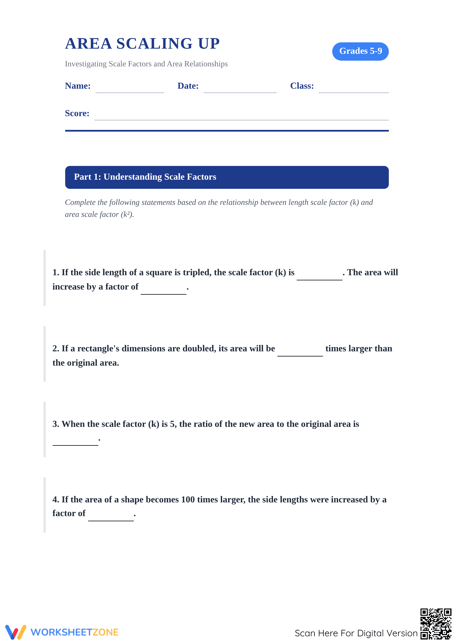 Essential Area Scaling Worksheet | Grades 5-9 Math - Page 1