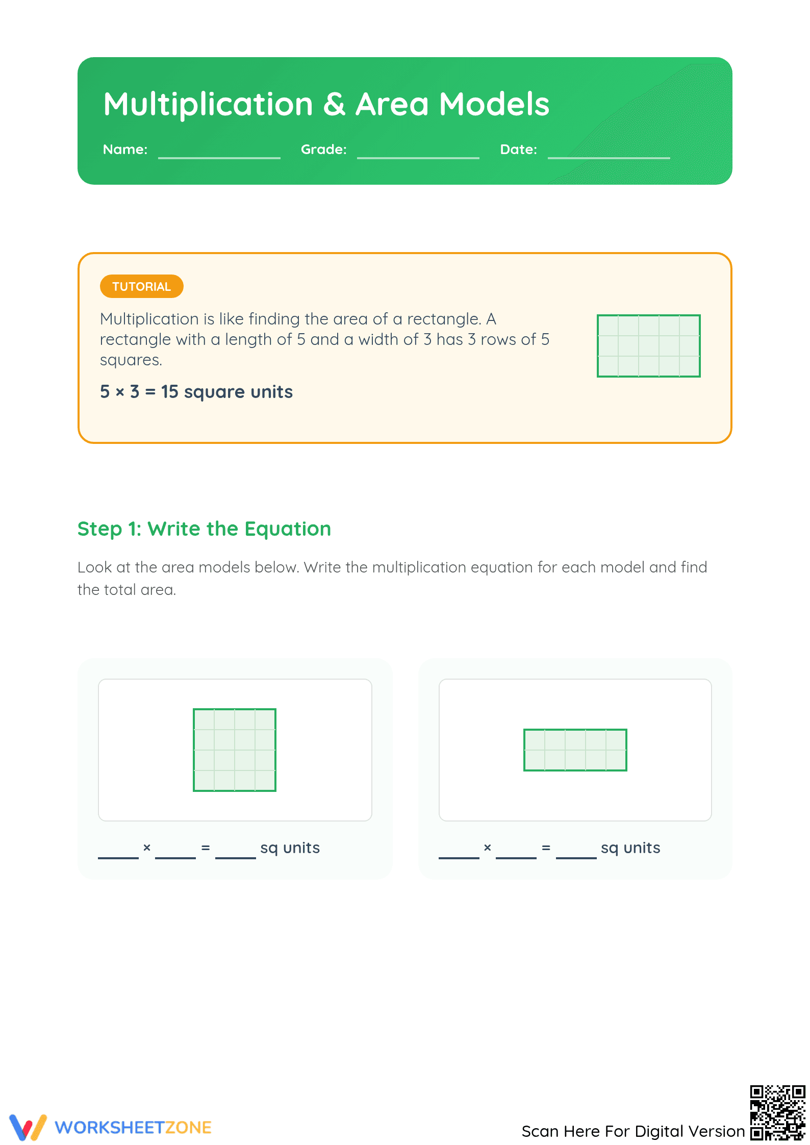 Essential Grade 3 Multiplication and Area Model Worksheet - Page 1